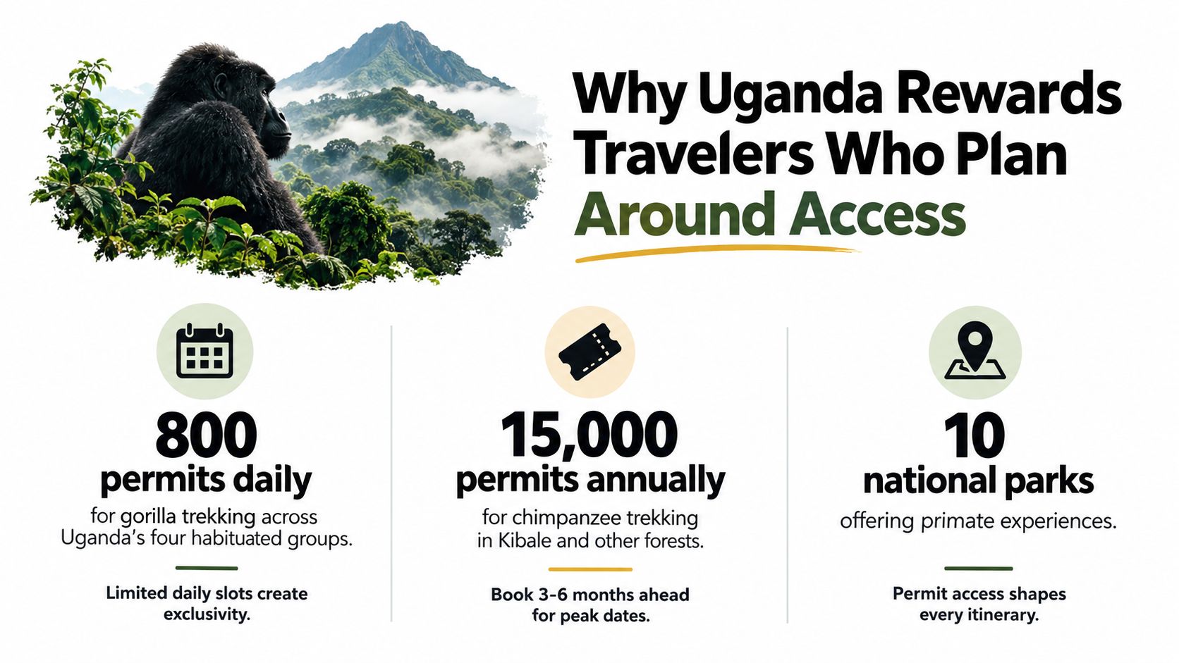 An infographic titled Why Uganda Rewards Travelers Who Plan Around Access detailing gorilla and chimpanzee trekking permit information.