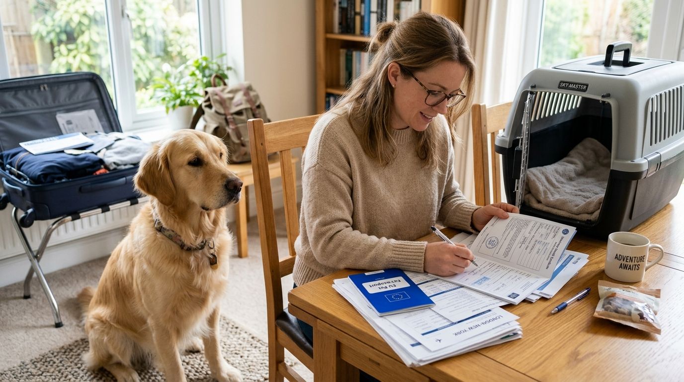 A woman filling out travel documents for her golden retriever next to a pet carrier and suitcase.