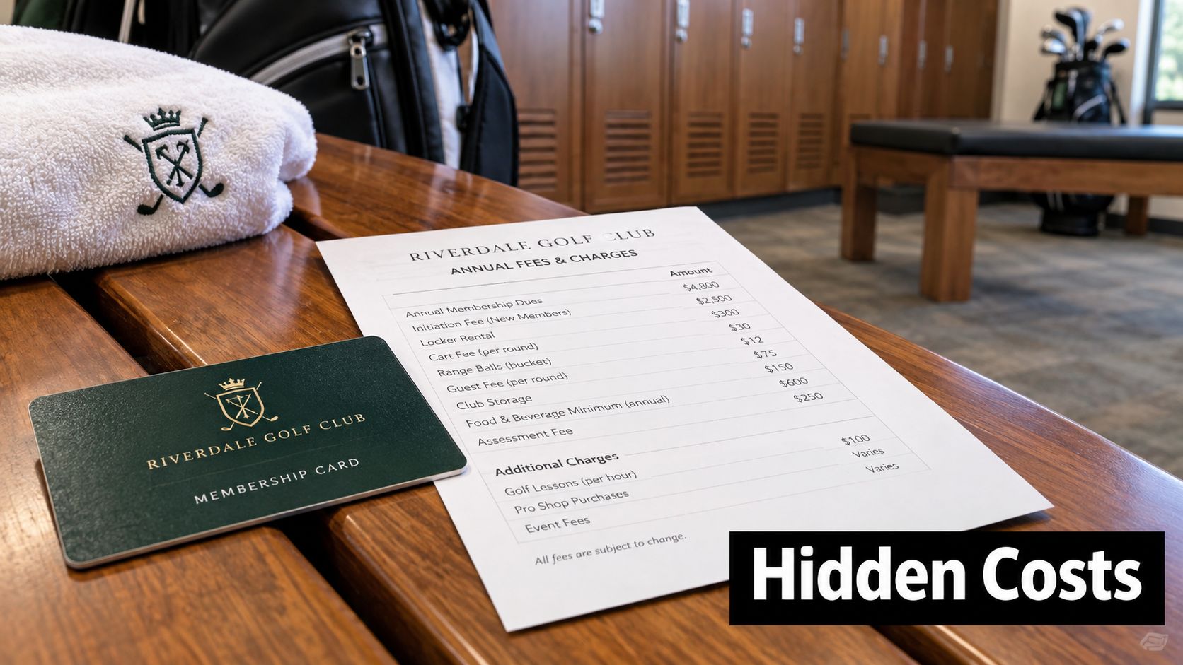 A Riverdale Golf Club membership card and a list of annual club fees sitting on a bench.