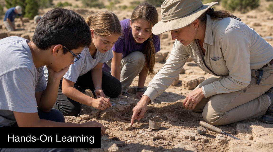 A professional archaeologist teaches a group of children about excavations and ancient artifacts in the desert.