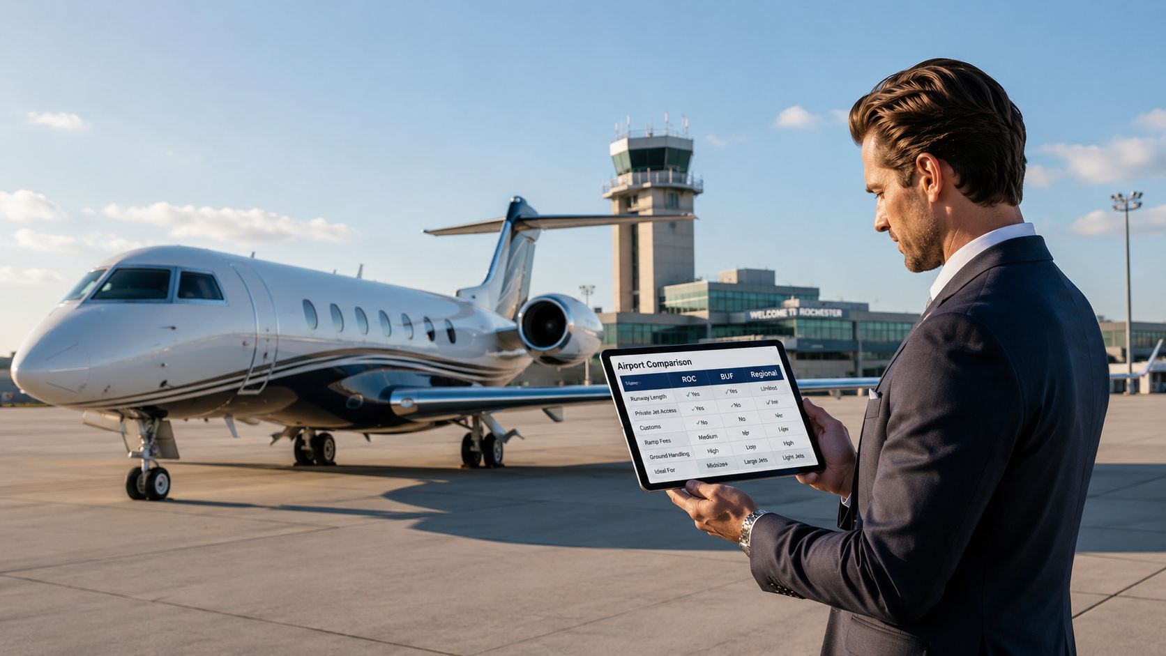 A professional man in a suit holding a tablet showing an airport comparison chart near a private jet.