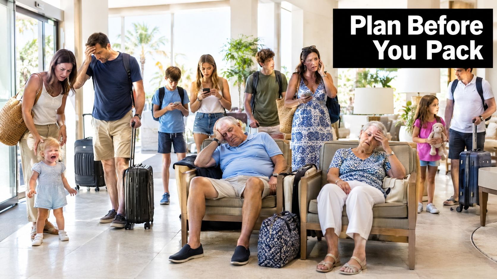 A stressed multi-generational family stands in a hotel lobby with luggage, looking overwhelmed and exhausted.