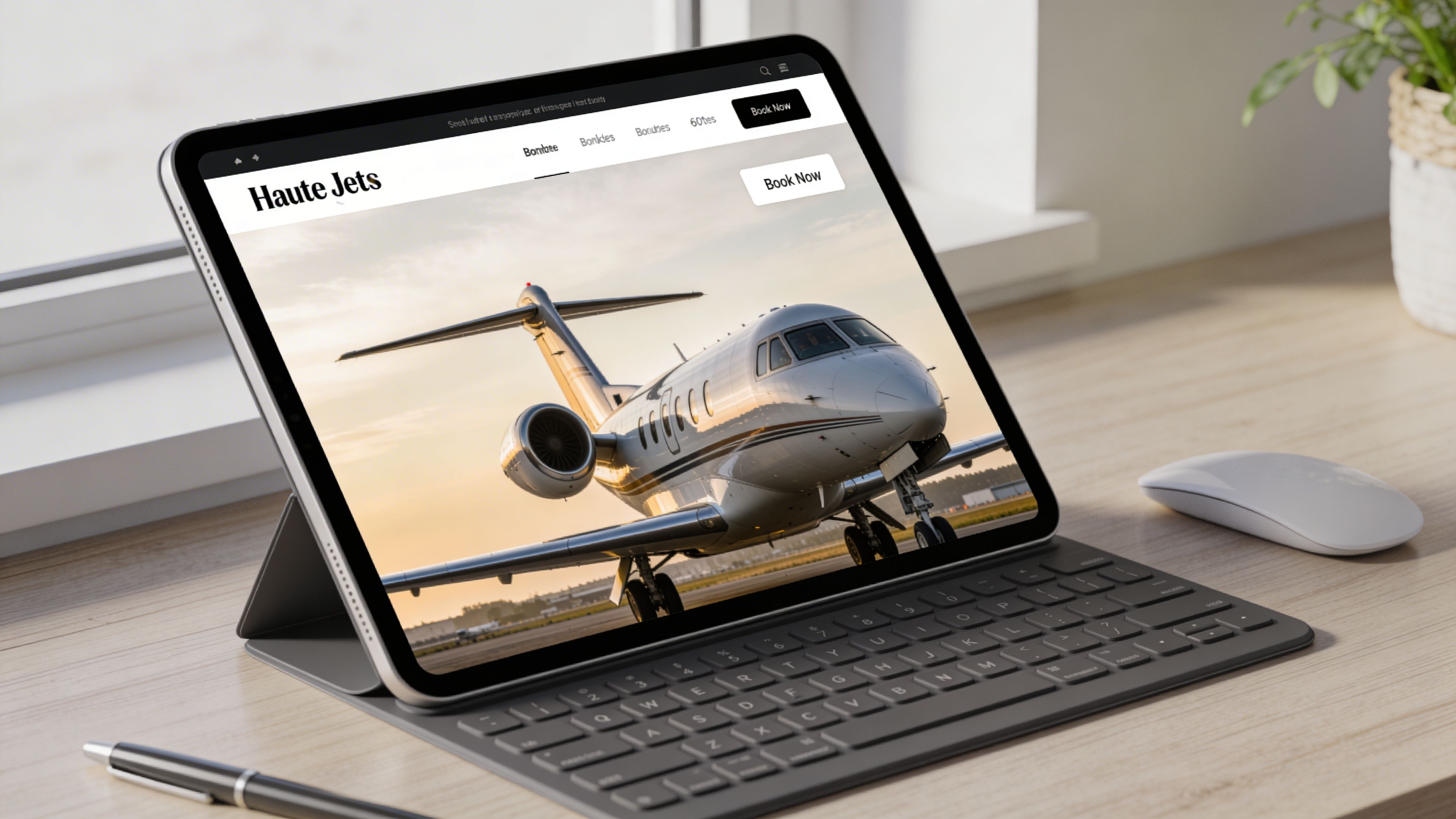 A tablet displaying the Haute Jets website featuring a Bombardier Challenger 601 aircraft.