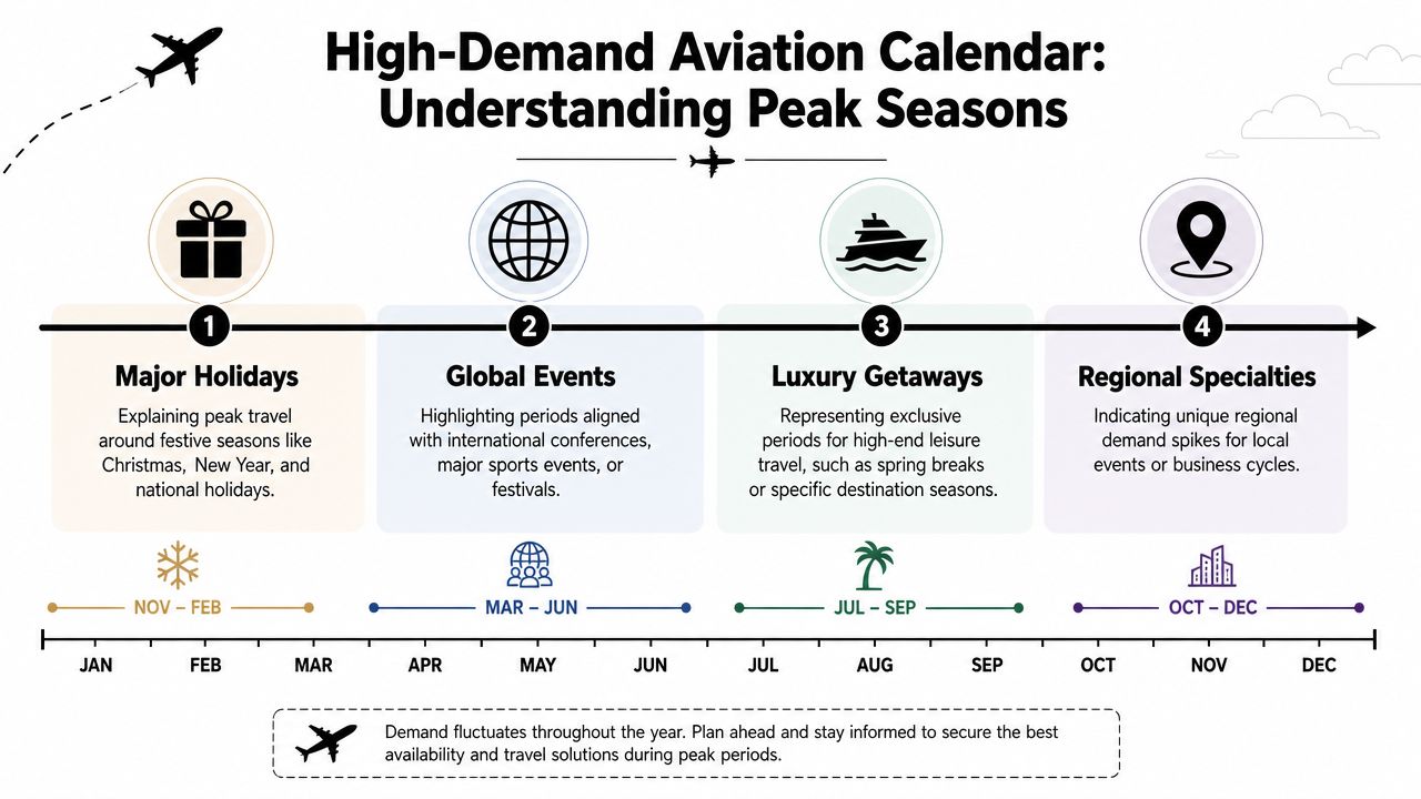 A timeline graphic illustrating the high-demand aviation calendar, showing peak travel seasons linked to holidays and events.
