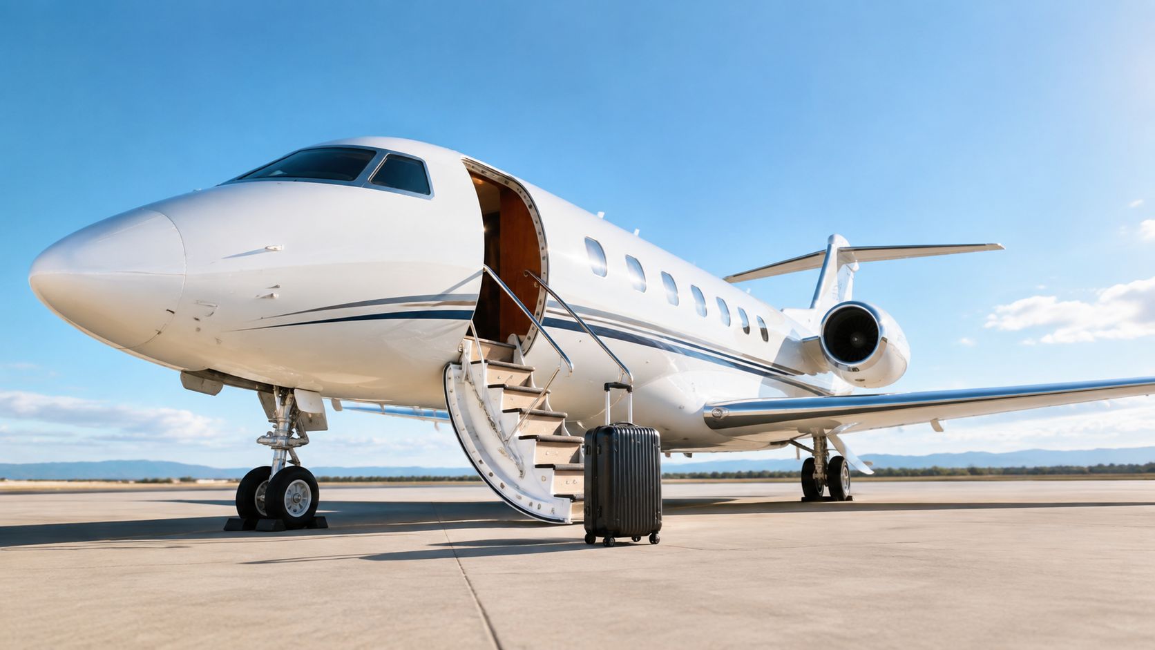A modern private jet parked on an airport tarmac with a suitcase standing by its open stairs.