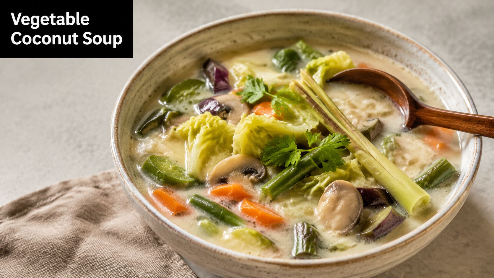 A creamy bowl of vegetable coconut soup with fresh vegetables and lemongrass served in a ceramic bowl.