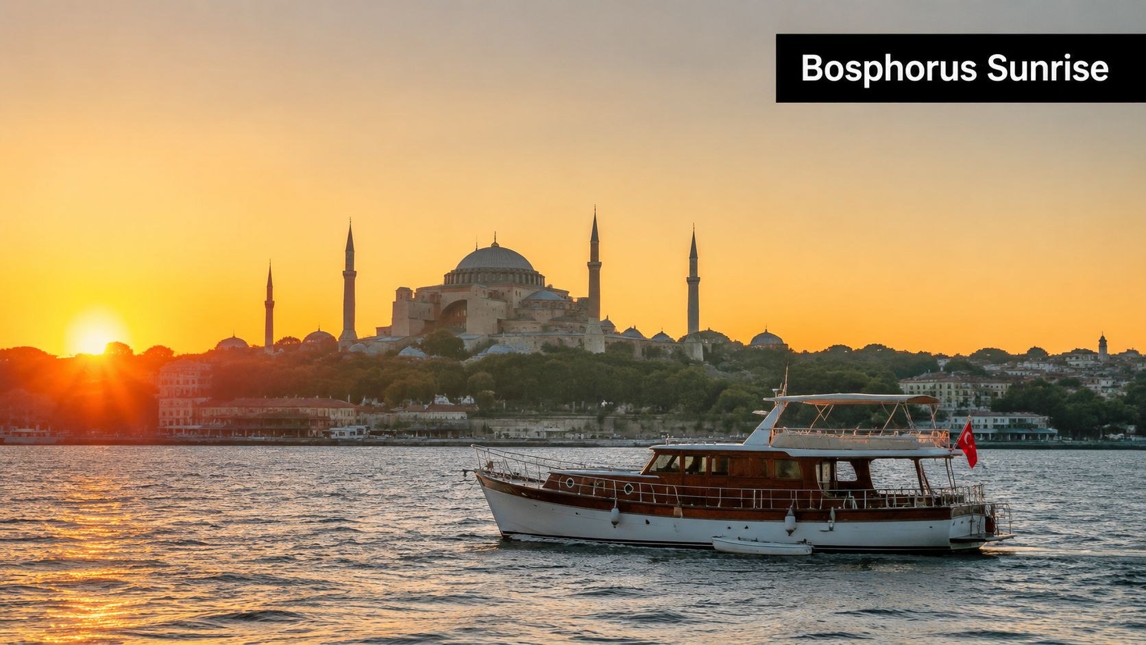 A scenic sunrise over the Hagia Sophia mosque in Istanbul with a pleasure boat in the foreground.