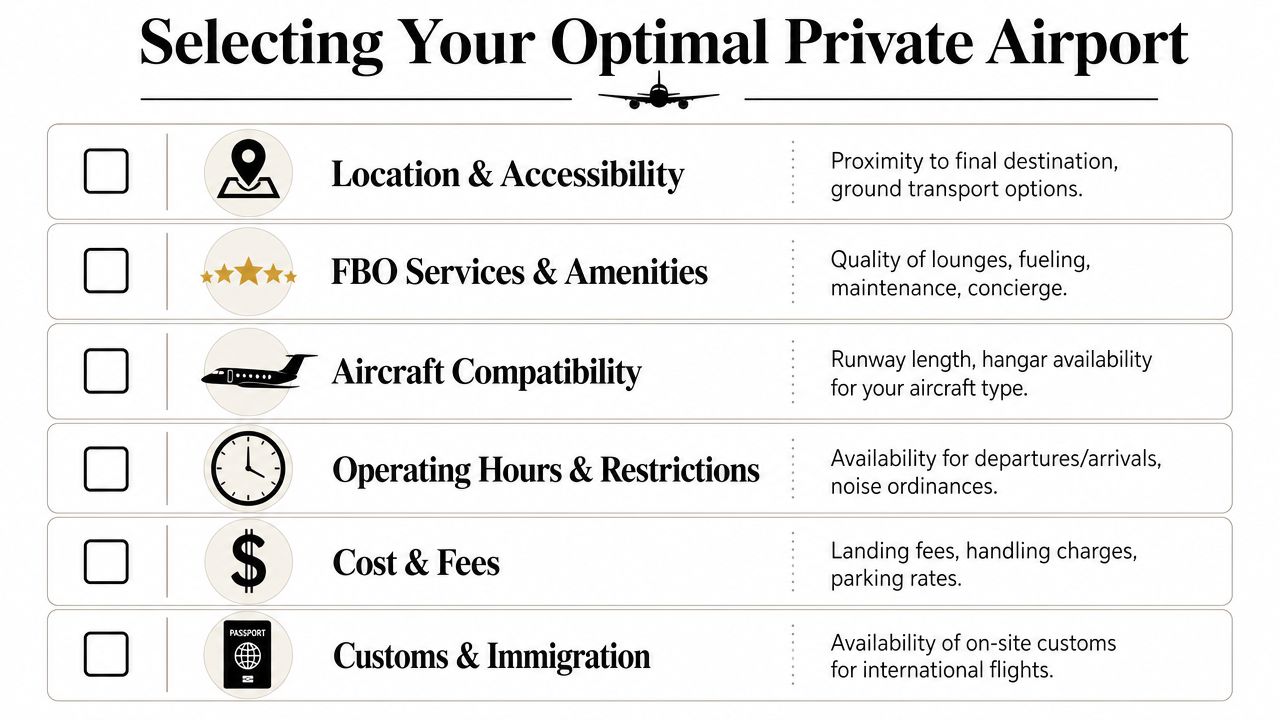 A checklist infographic titled Selecting Your Optimal Private Airport highlighting key factors for choosing a facility.