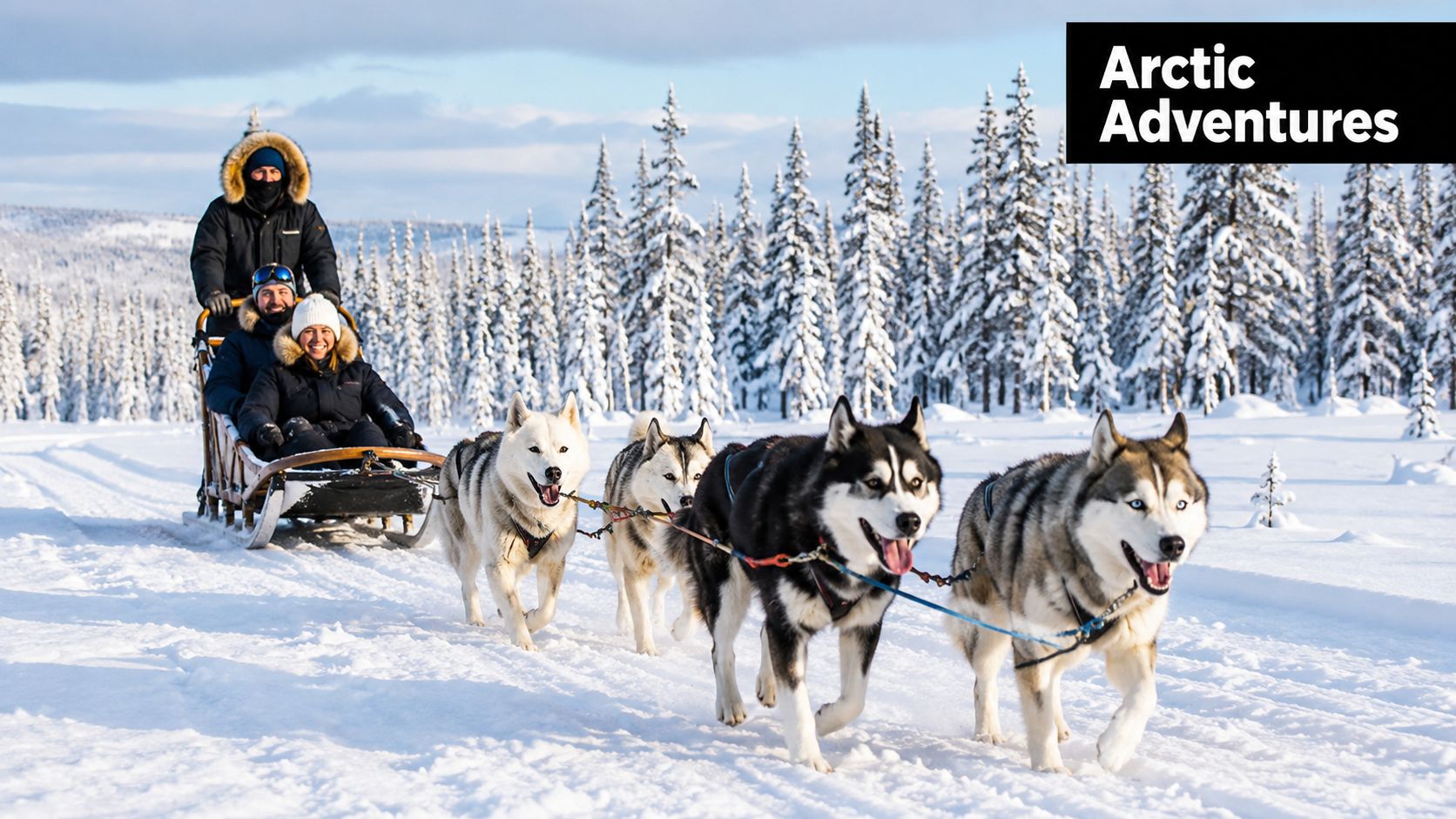 A group of people riding a sled pulled by a team of huskies through snowy arctic forests.