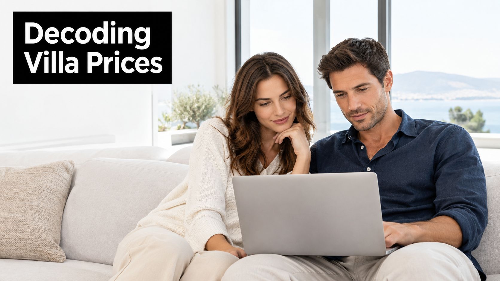 A couple sits on a couch looking at a laptop while researching private villa pricing online.