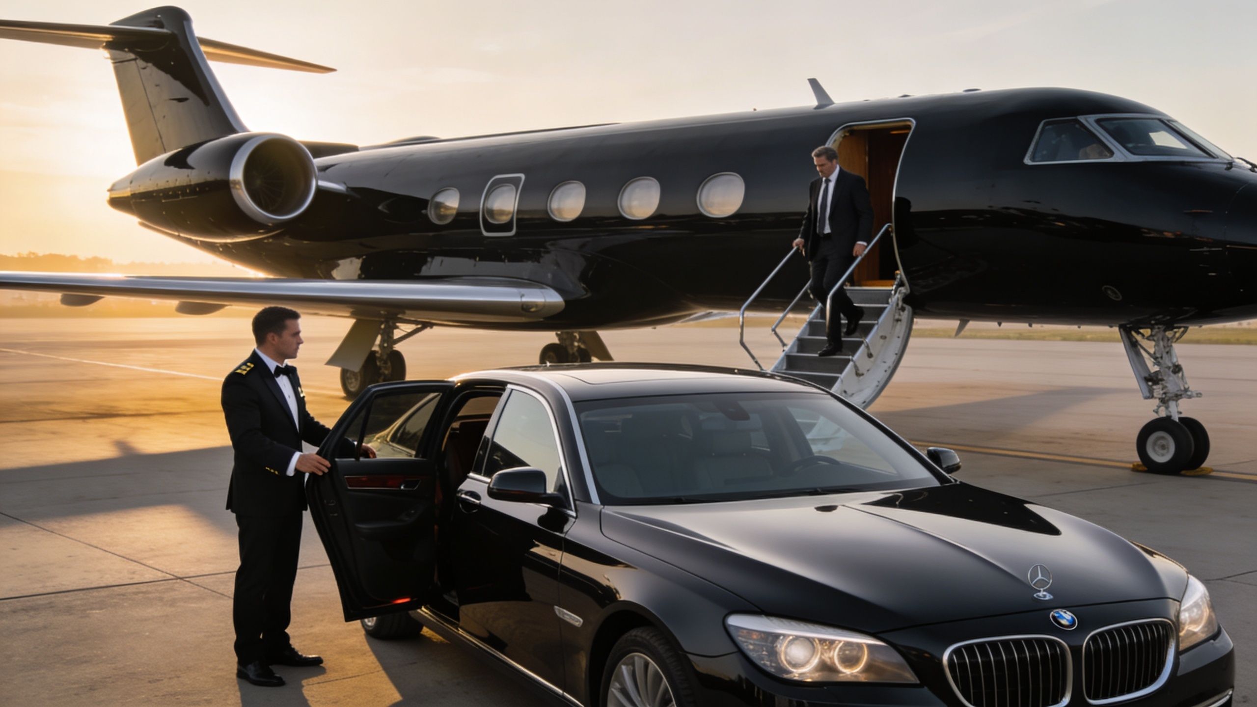 A chauffeur in a formal suit stands by a black luxury sedan waiting for a businessman exiting a private jet.