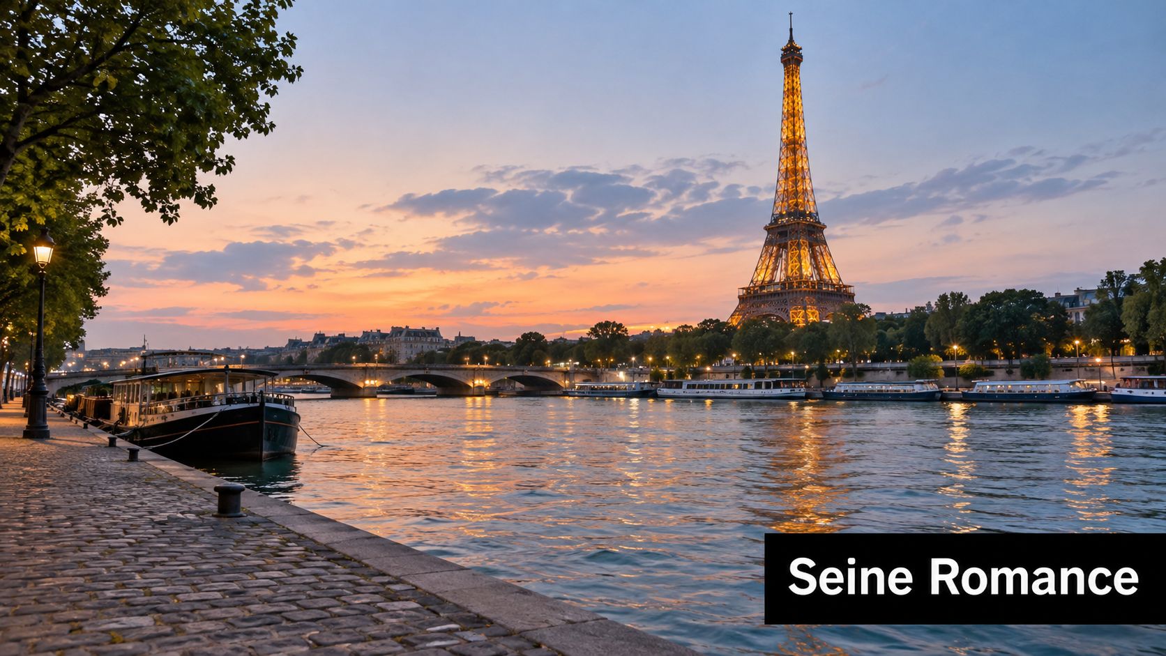The illuminated Eiffel Tower reflecting in the Seine river at sunset in Paris, France.