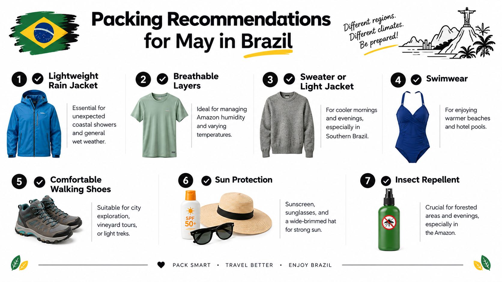 A travel infographic showing seven essential items to pack for a trip to Brazil in May.