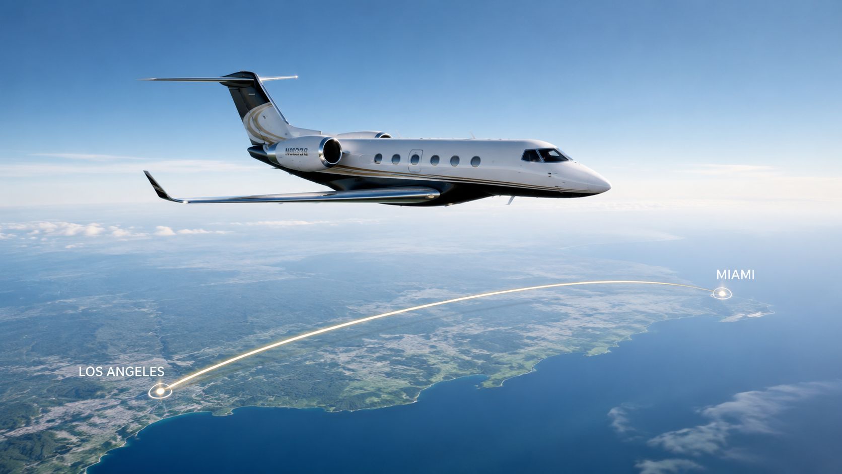 A sleek private jet flying over a coastal landscape between Los Angeles and Miami route markers.