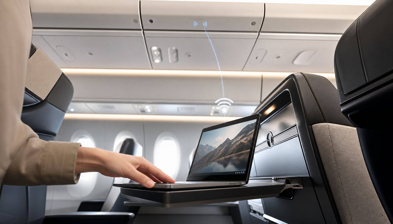 A passenger using a laptop on an airplane tray table with a wireless connectivity icon connecting to the ceiling.