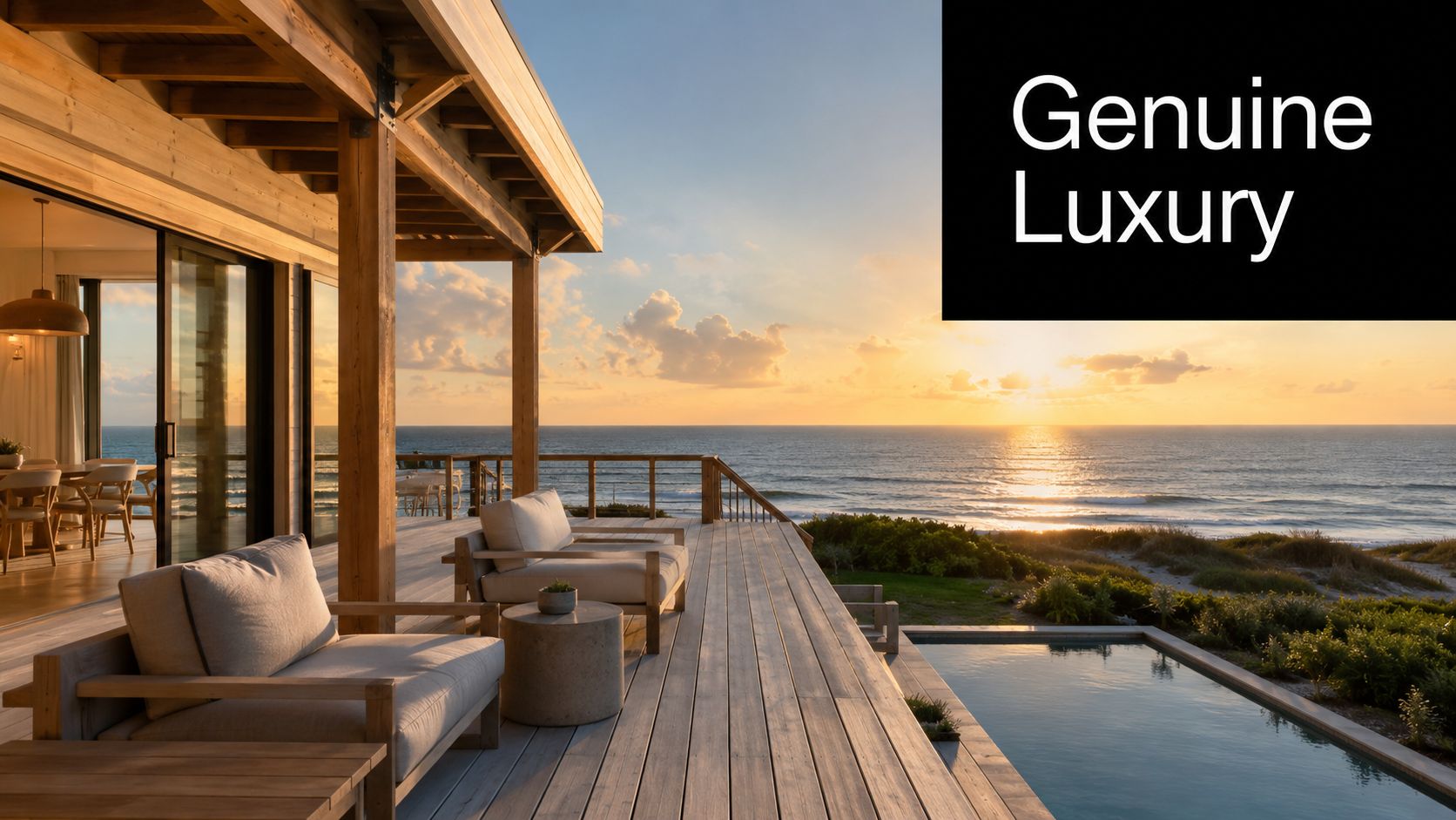A luxurious wooden terrace overlooking the ocean at sunset with comfortable lounge seating and a private pool.