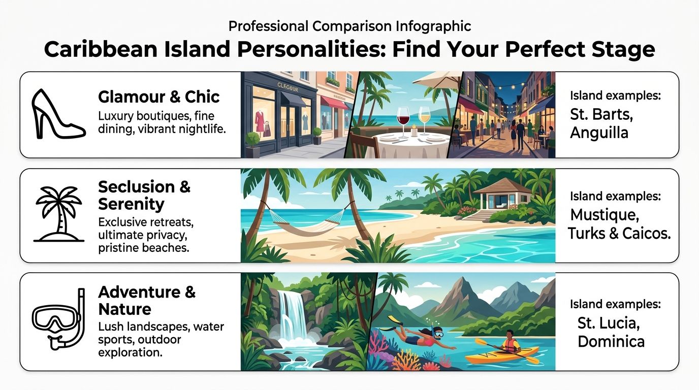 A professional infographic comparing Caribbean island travel styles, including luxury, seclusion, and adventure themes.