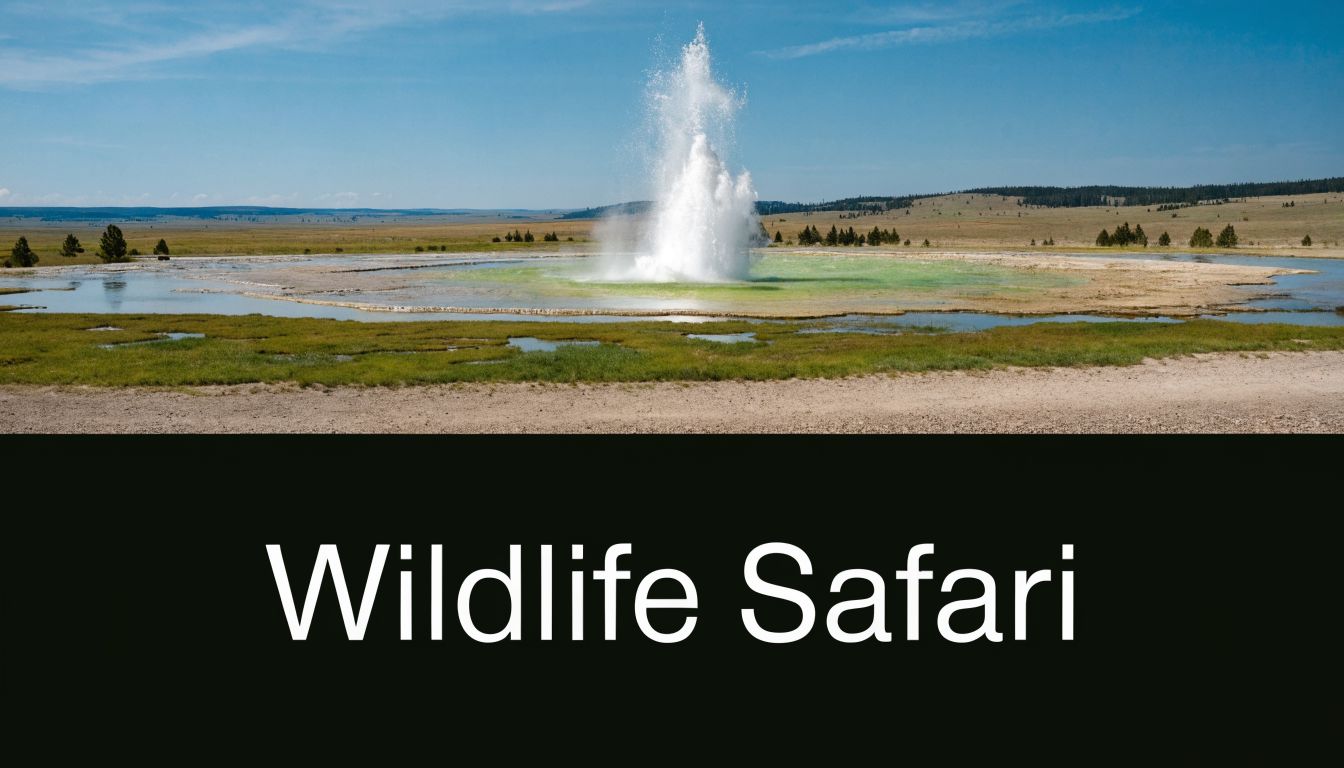 A powerful geyser erupts with water and steam in a vast landscape under a clear blue sky.