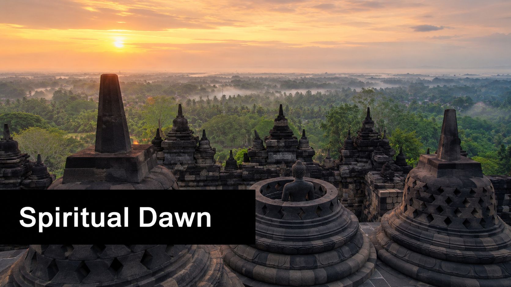 A serene sunrise over the ancient Borobudur temple complex in Indonesia surrounded by misty tropical forest