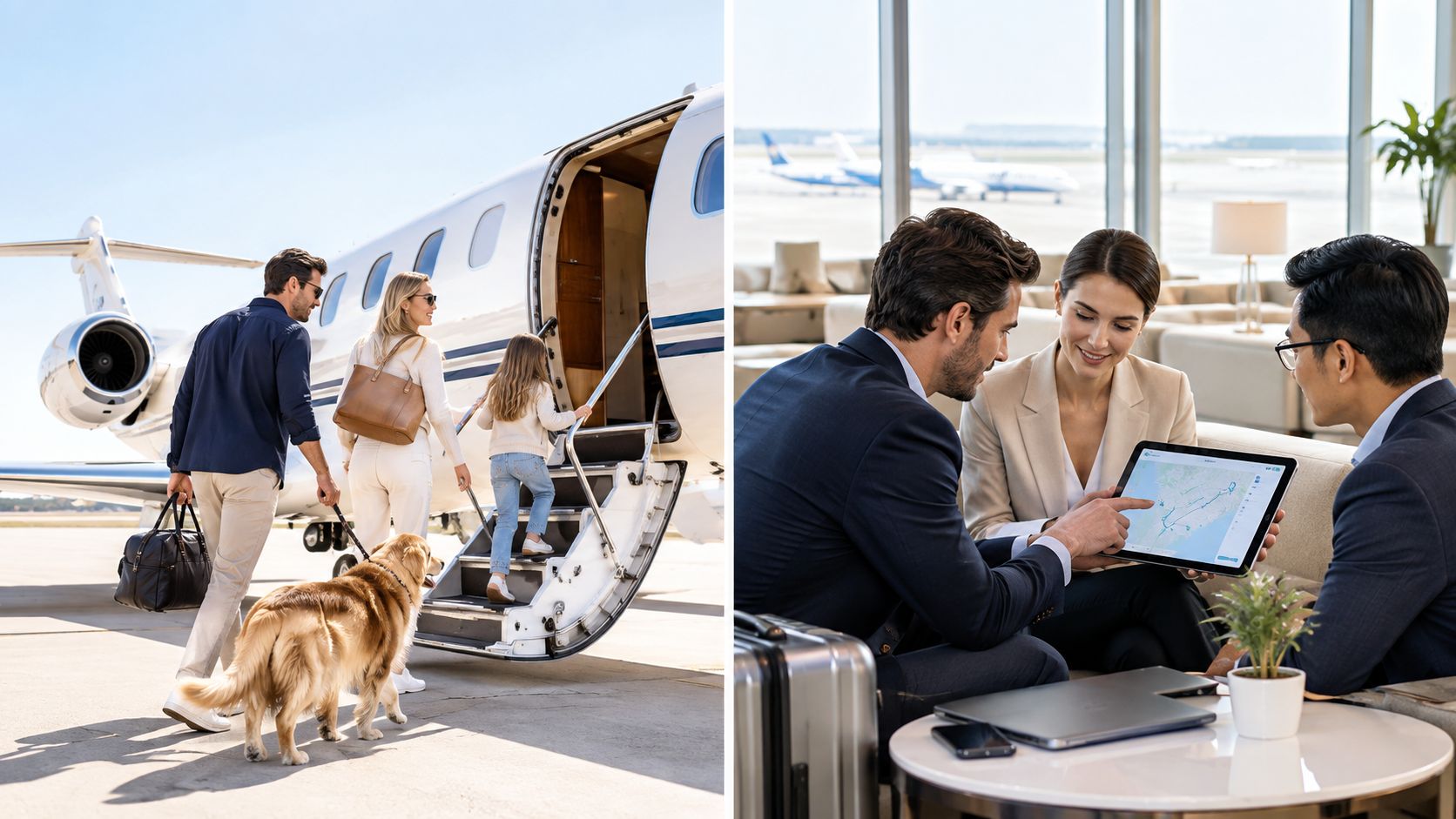 A split screen showing a family boarding a private jet and business professionals reviewing a travel map.