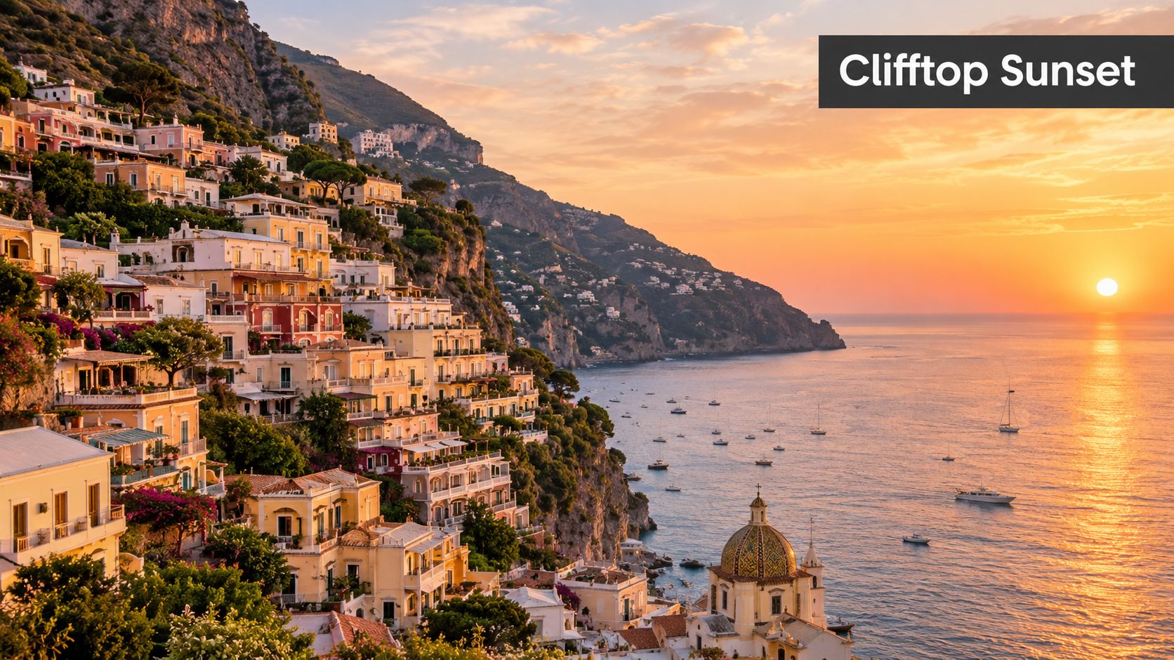 A breathtaking sunset view overlooking the colorful terraced houses of Positano, Italy, along the Amalfi Coast.