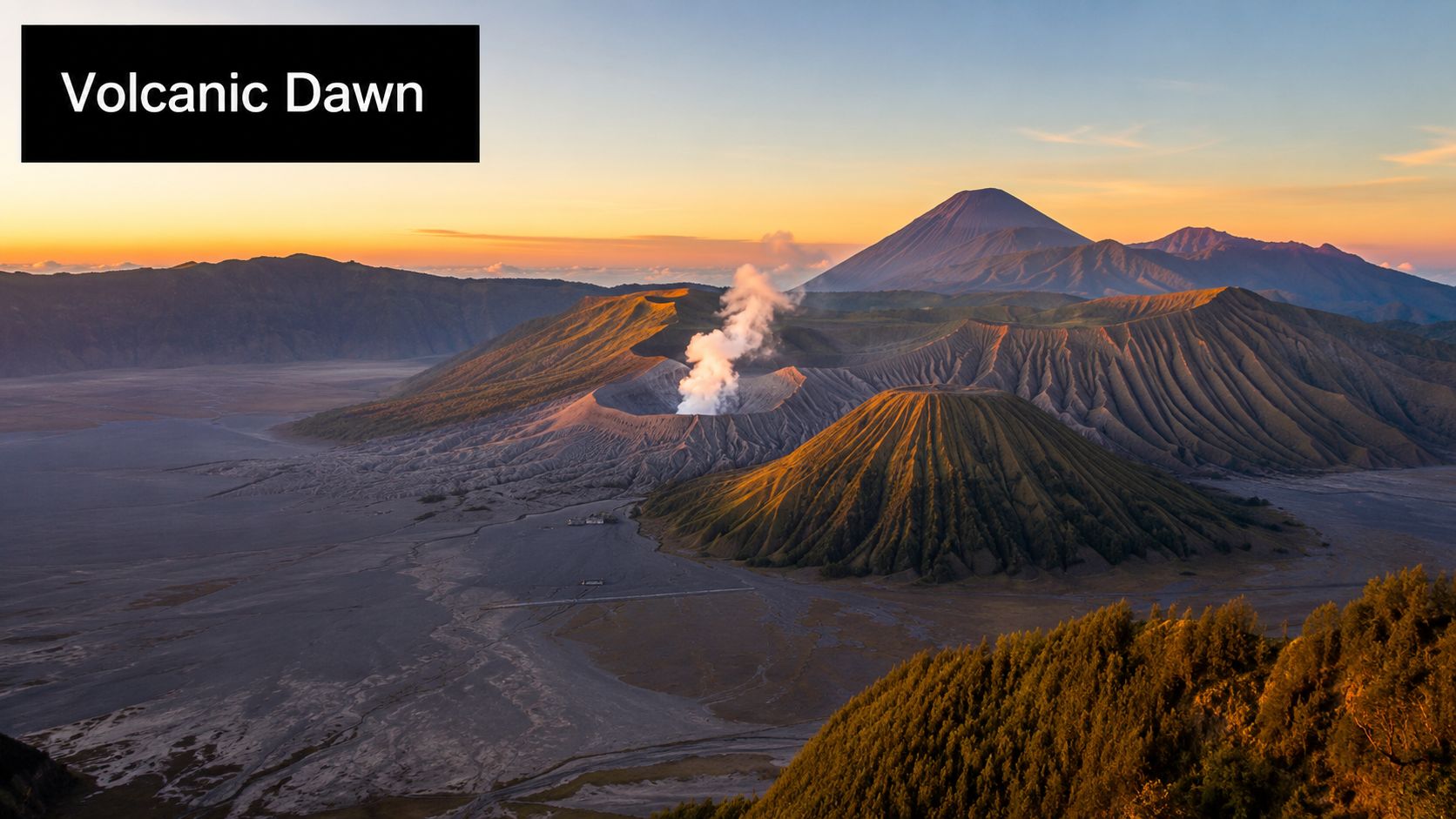 A breathtaking sunrise view over the volcanic landscape of Mount Bromo and Semeru in Indonesia.