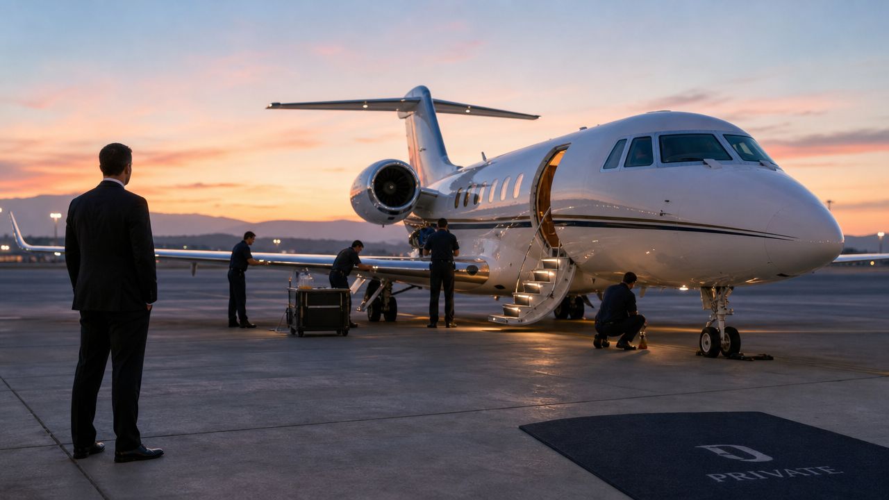 A professional team cleans a luxury private jet on the tarmac during a scenic sunset.