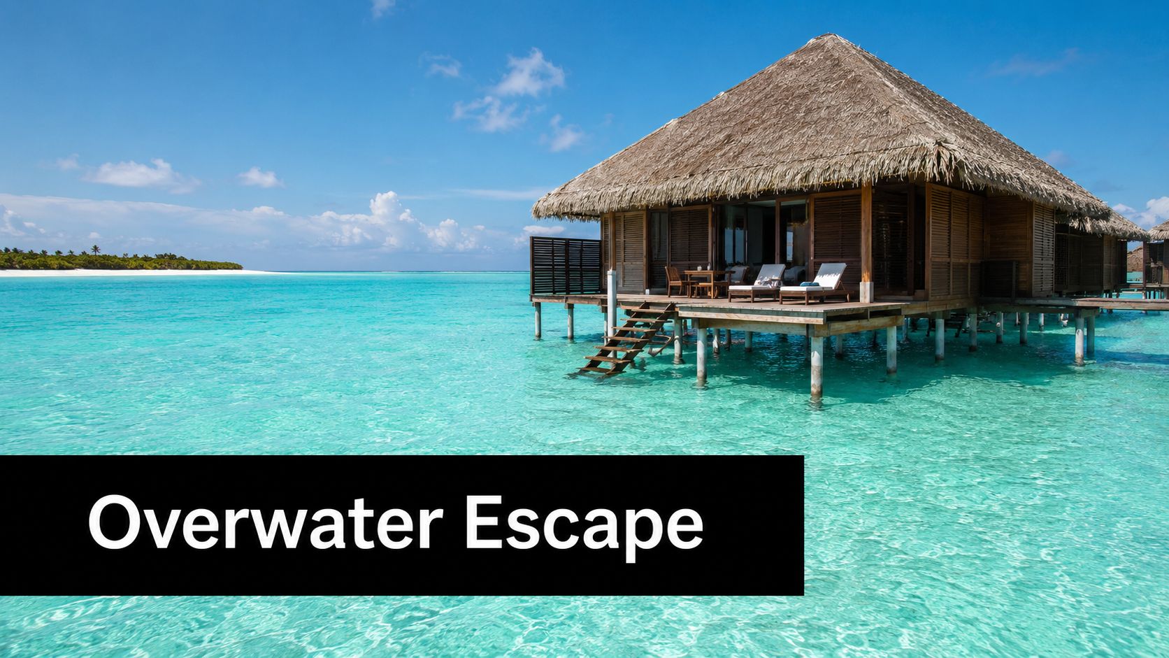 A luxurious thatched roof bungalow standing on stilts above the clear turquoise waters of the Maldives.