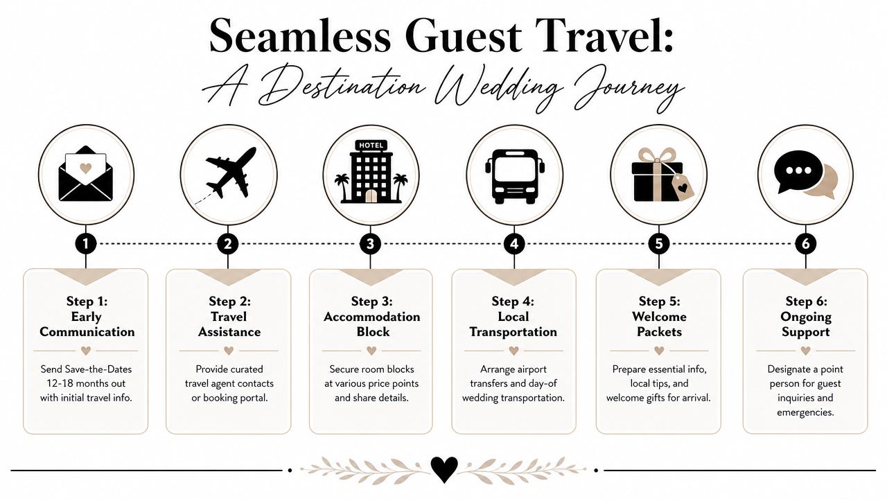 A six-step infographic guide for planning seamless destination wedding travel for guests from communication to support.