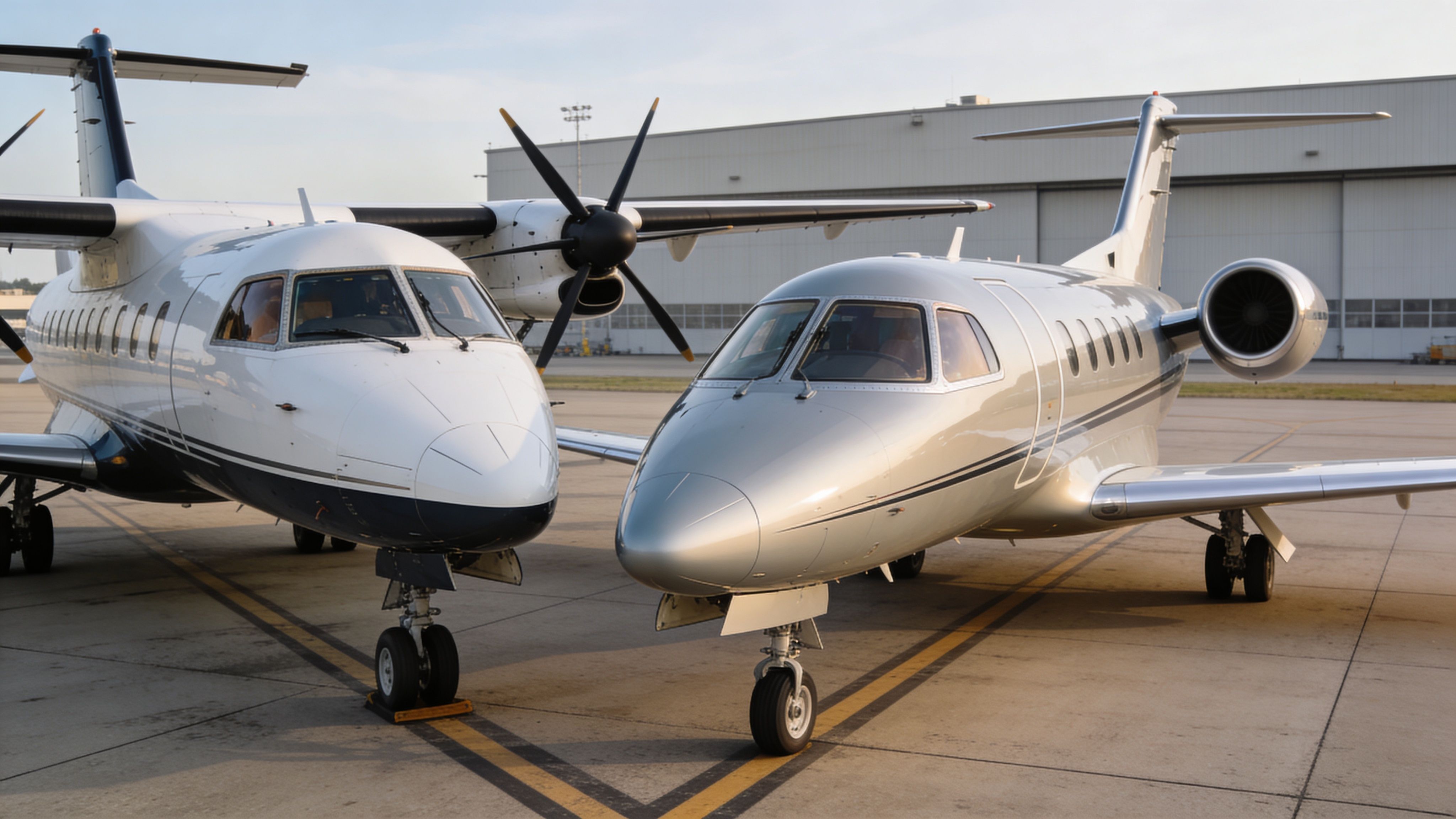 A propeller airplane and a silver private jet parked side by side on a concrete airport tarmac.