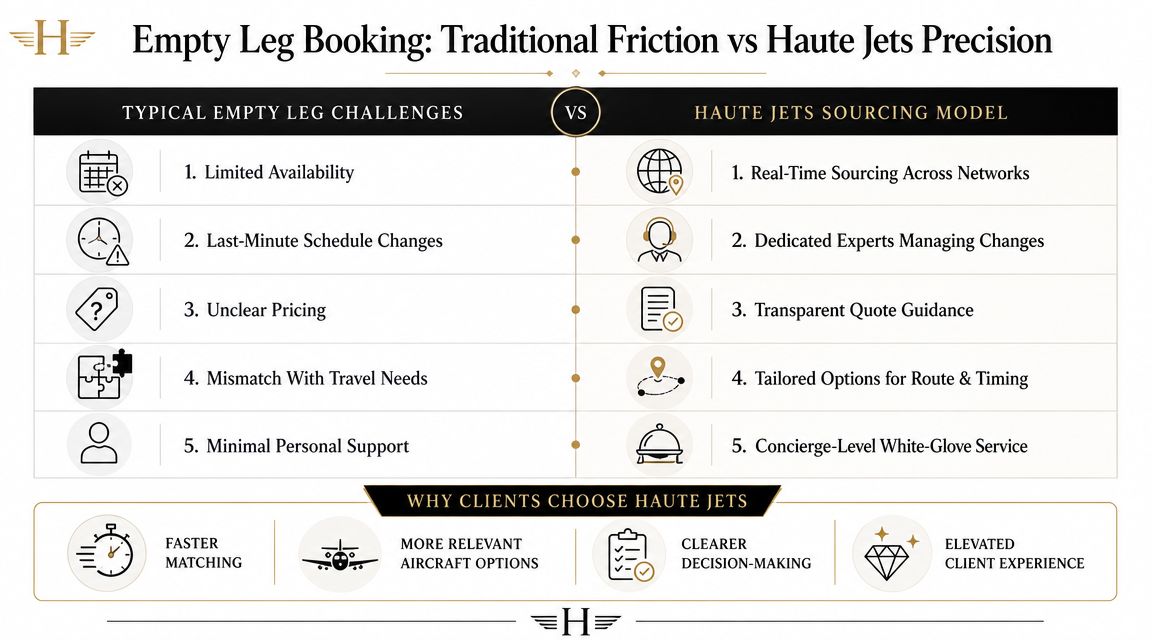A comparison chart highlighting the benefits of Haute Jets' precision booking over traditional empty leg flight challenges.