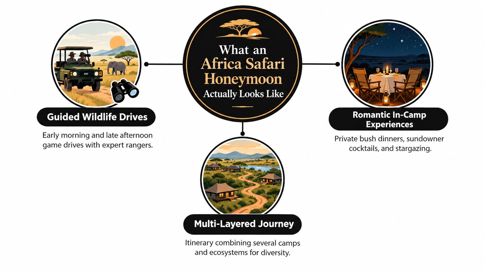 An infographic illustrating the main components of an African safari honeymoon, including game drives and romantic experiences.