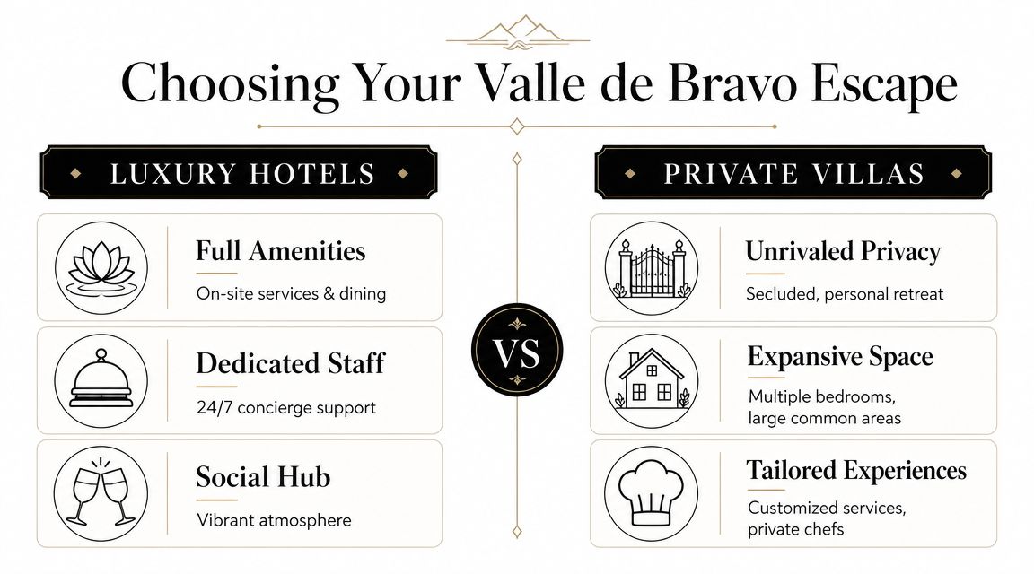 A comparison infographic between luxury hotels and private villas for an escape to Valle de Bravo, Mexico.