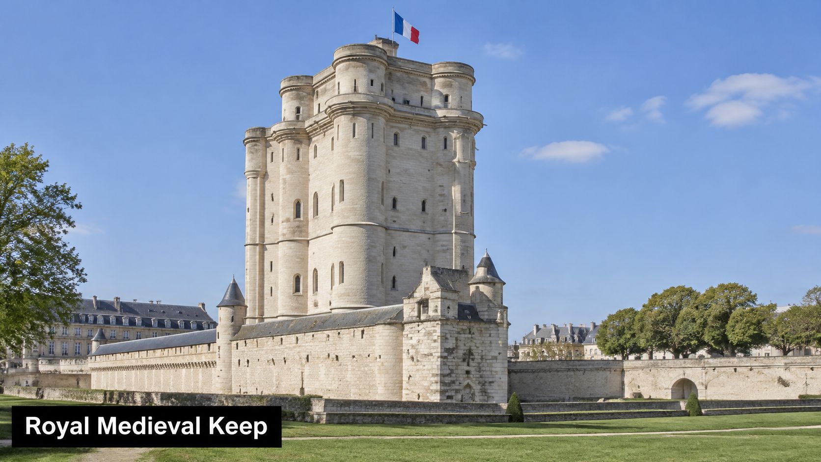 A majestic tall stone keep of the medieval Castle of Vincennes flying a French flag in Paris.