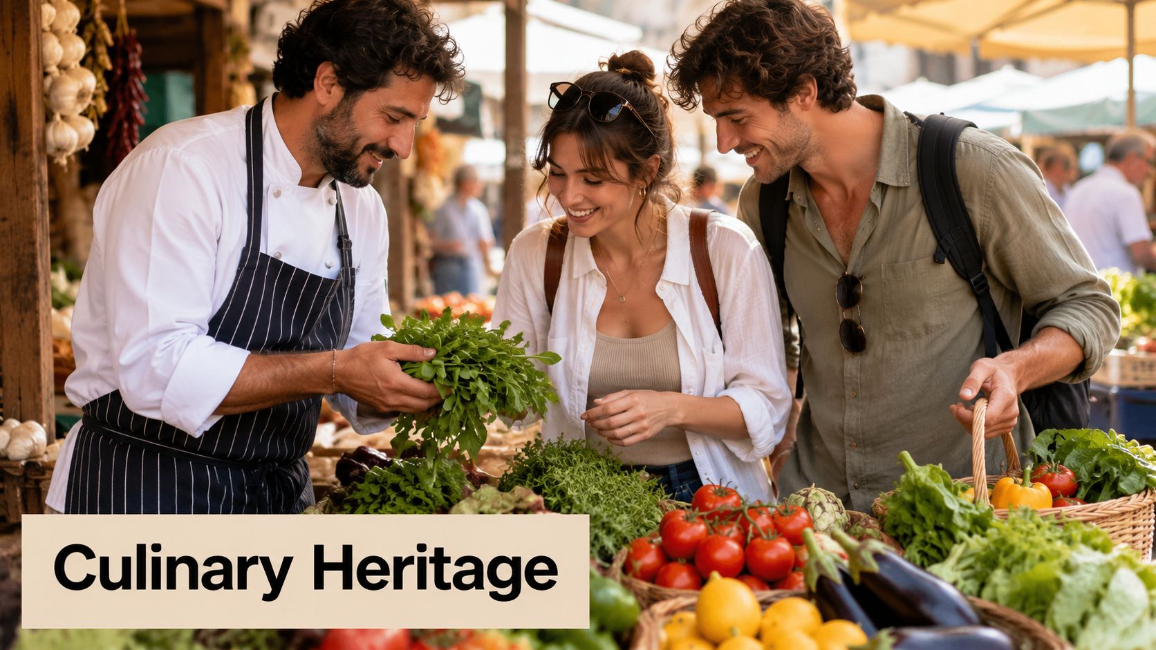 A smiling chef showing fresh leafy greens to a young couple at a vibrant outdoor farmers market.