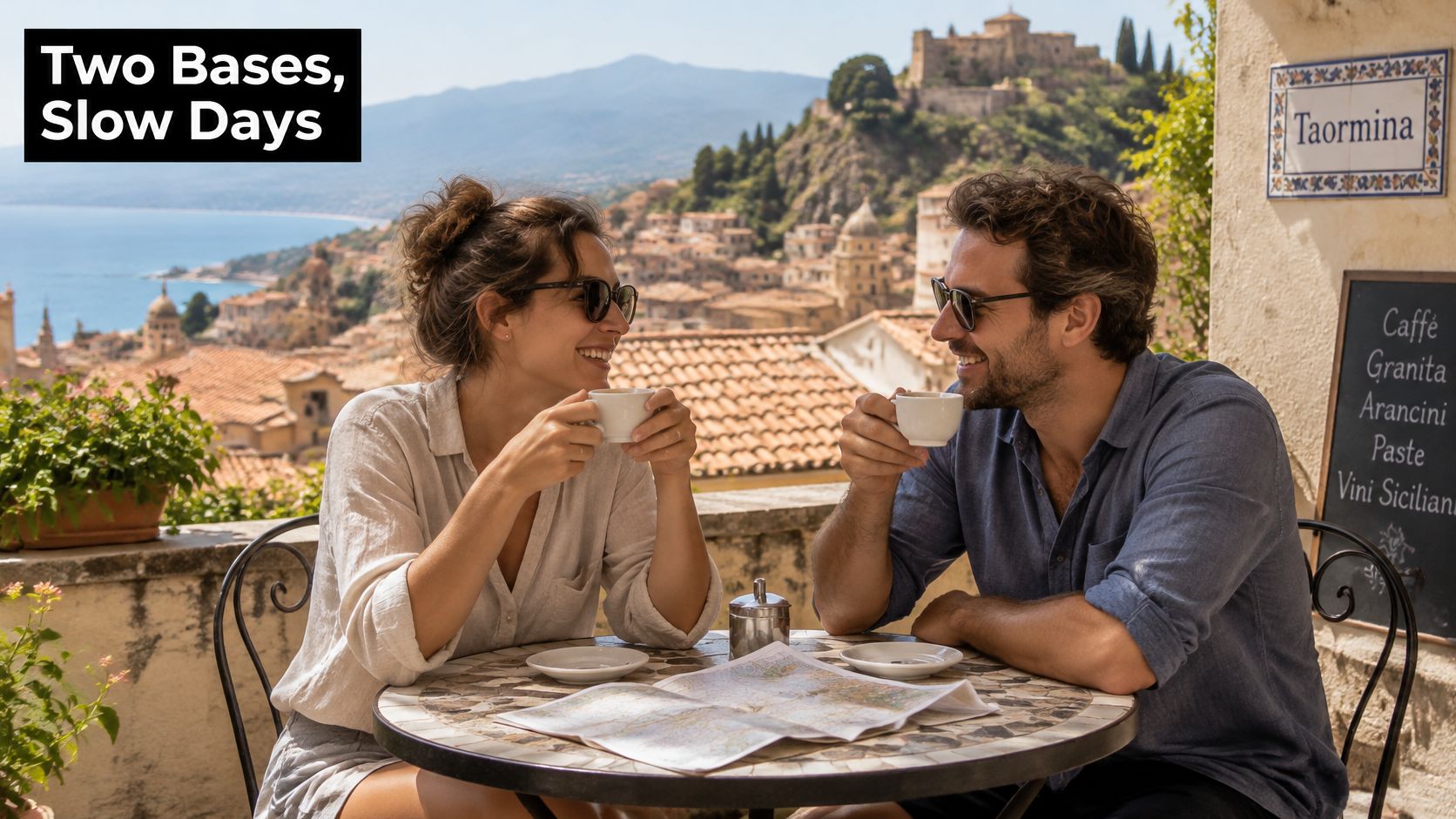 A couple sits at an outdoor cafe table in Taormina, Sicily, enjoying coffee and planning their trip.