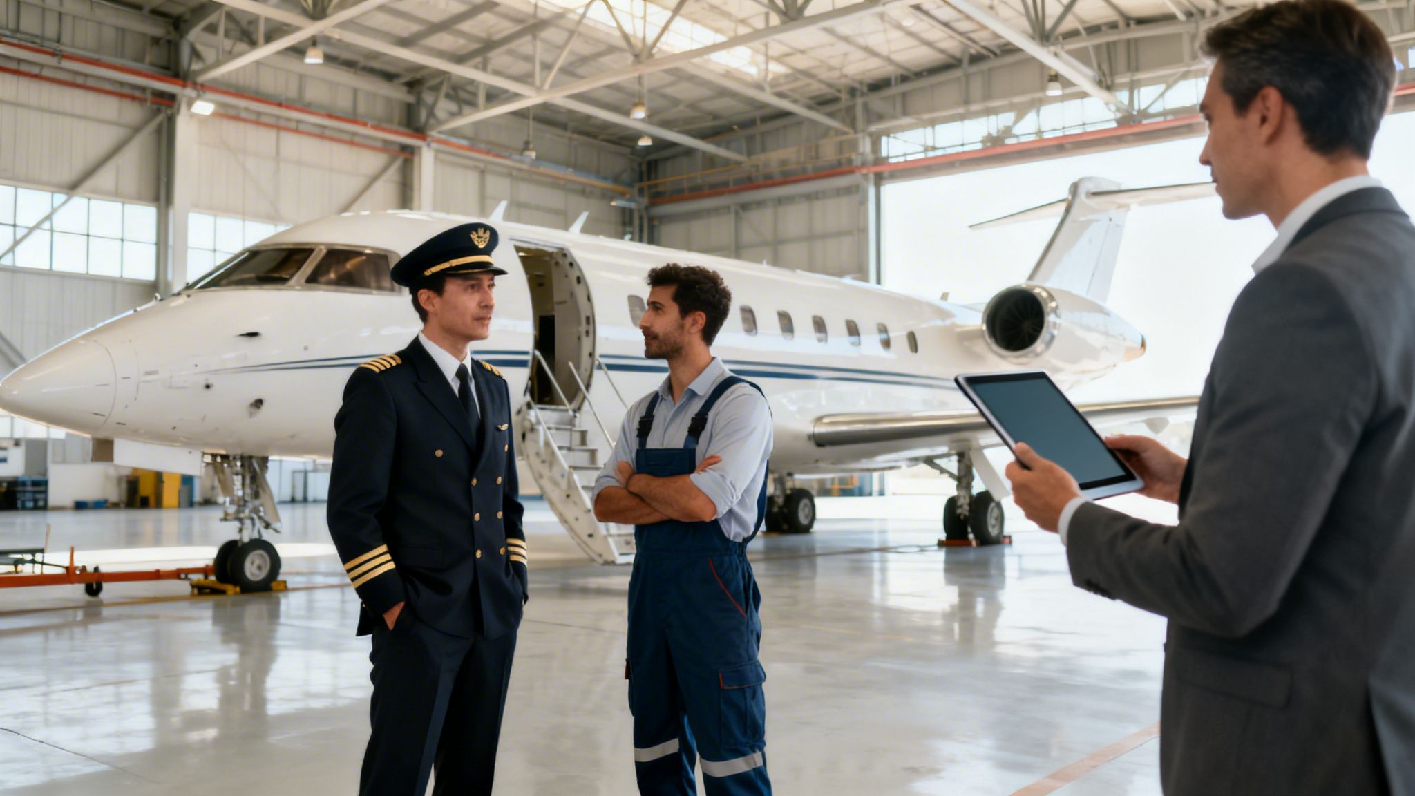 Three aviation professionals, a pilot, mechanic, and businessman, discussing beside a private jet in a hangar.
