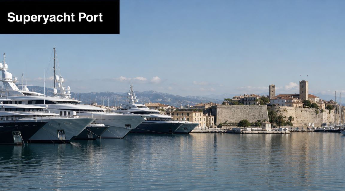 A wide view of a luxury superyacht port with large vessels docked near an old historic stone fort.