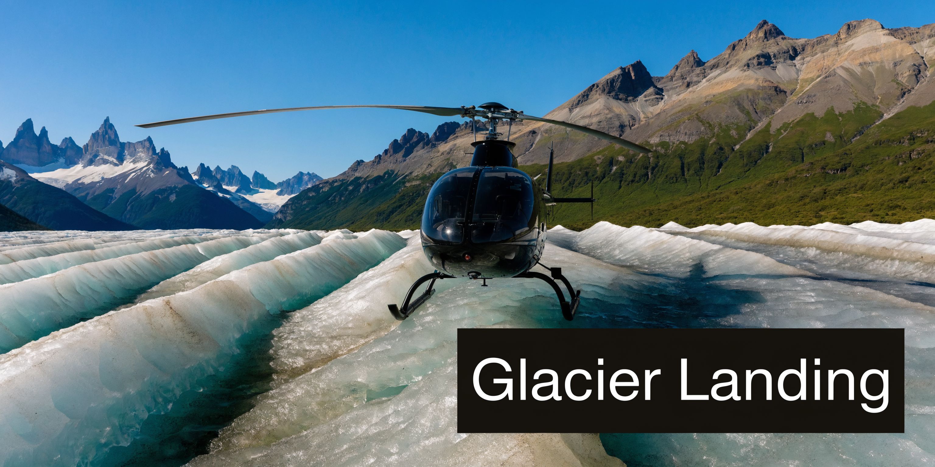 Private helicopter parked on Perito Moreno Glacier, Patagonia — aerial glacier tour with mountain peaks in background