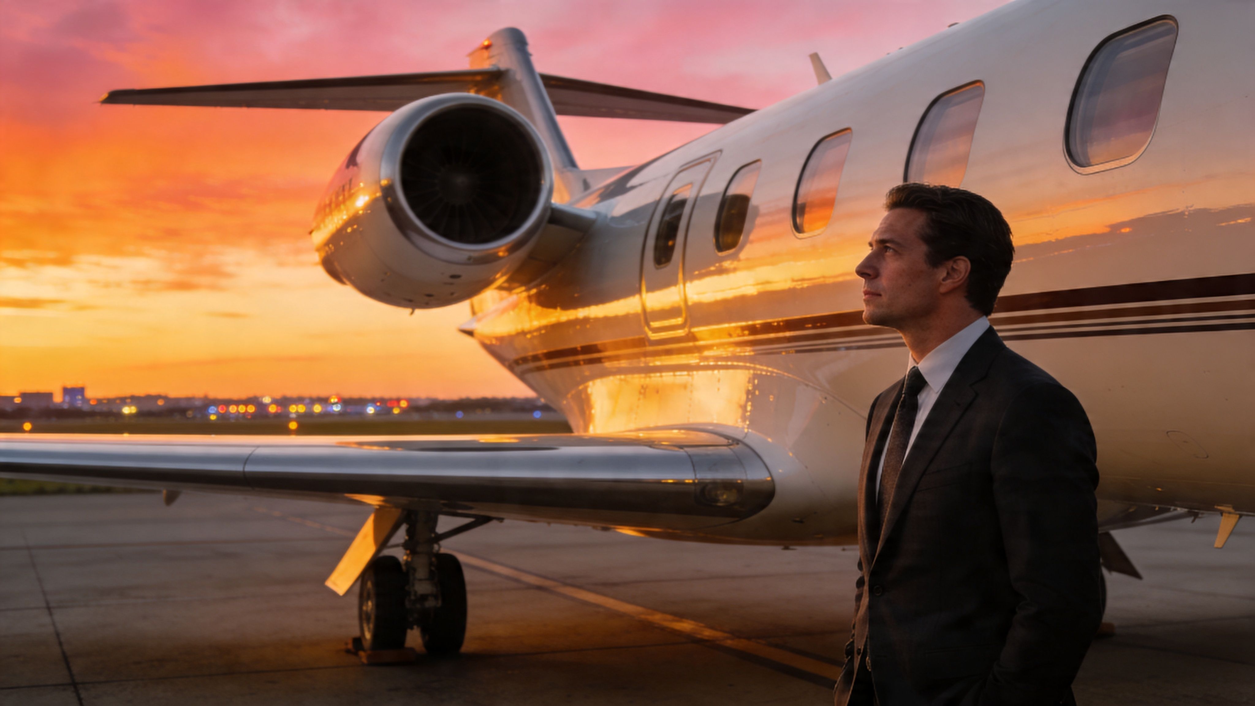 A professional man in a suit standing on an airport runway next to a private jet at sunset.