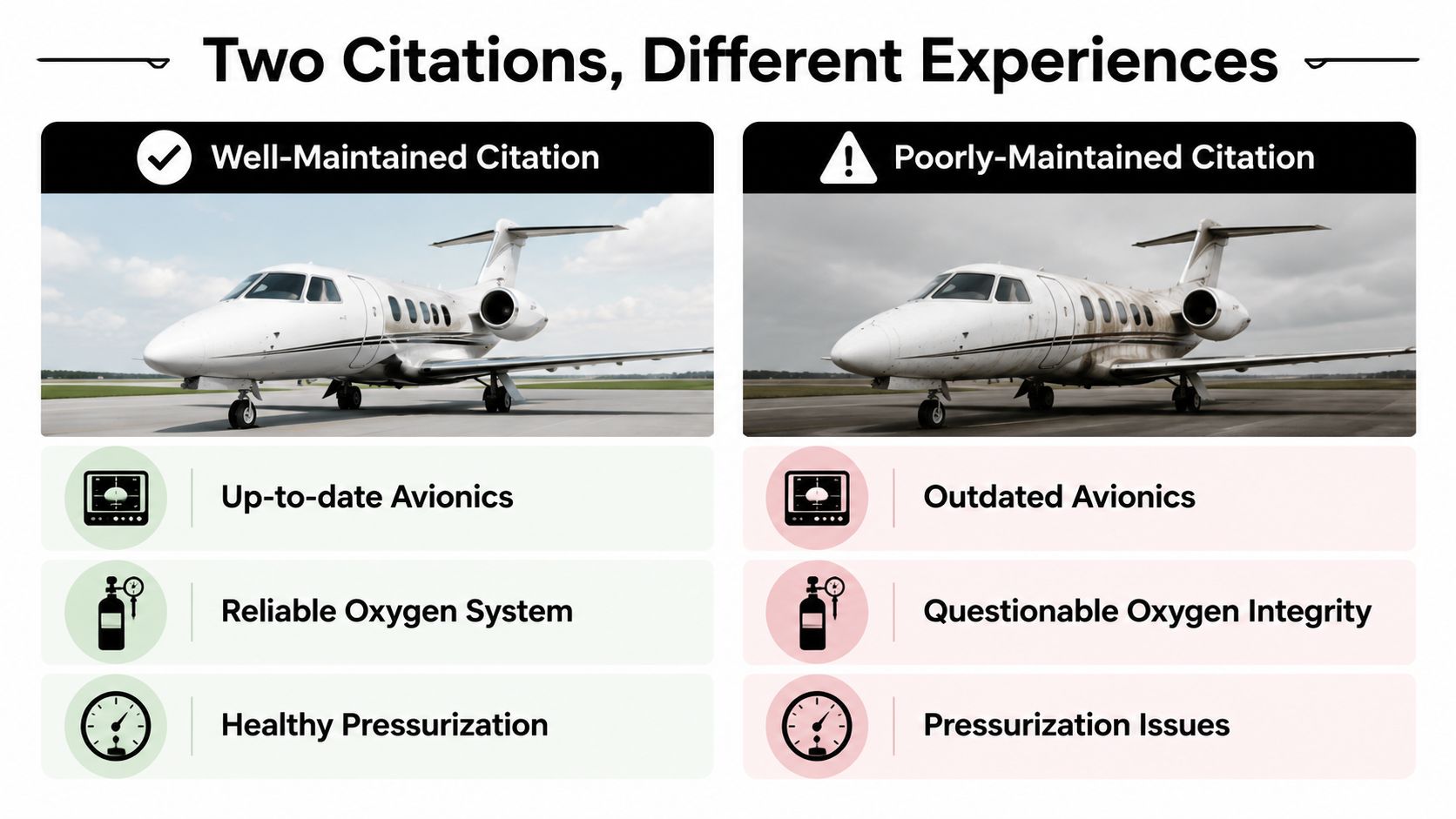 A comparison between a well-maintained Cessna Citation jet and a poorly-maintained, dirty aircraft with various technical differences.