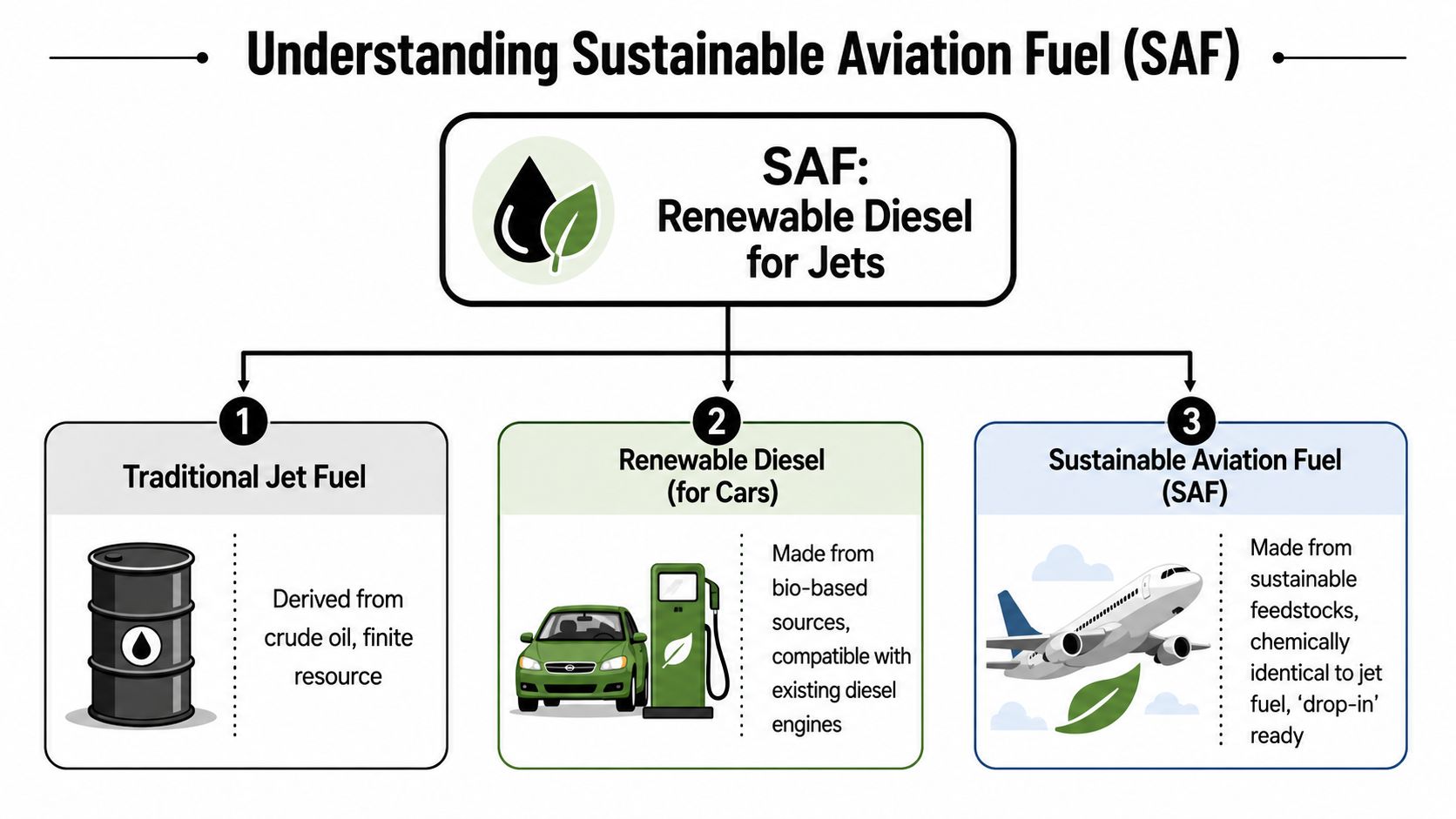 An infographic showing the differences between traditional jet fuel, renewable diesel for cars, and sustainable aviation fuel.