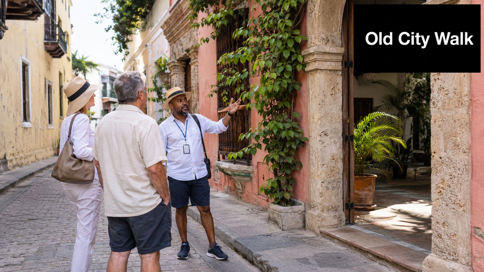 A professional tour guide explaining the history of an old colonial building to tourists in Cartagena.
