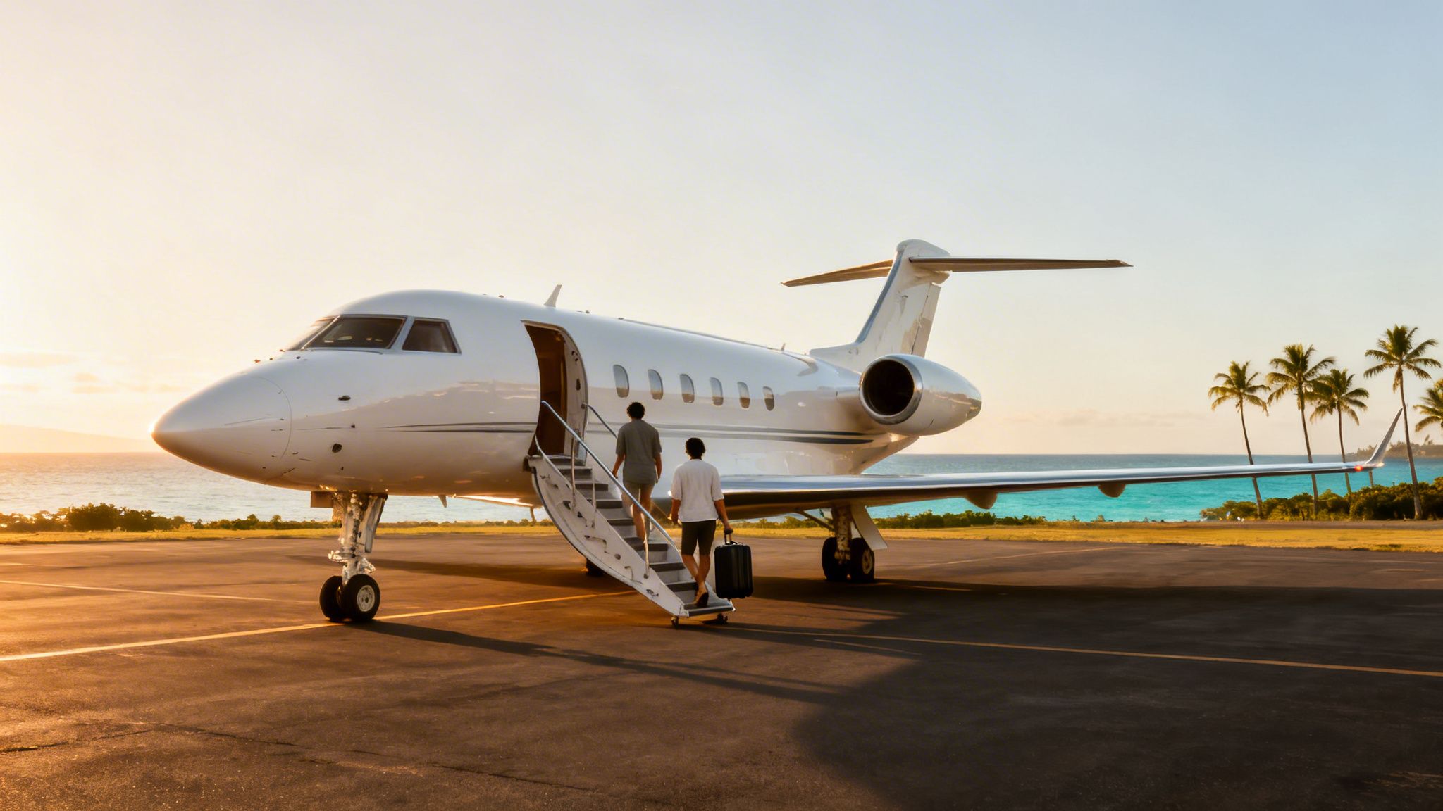 Two people boarding a private jet on a tarmac at sunset, with a tropical beach and ocean in the background.