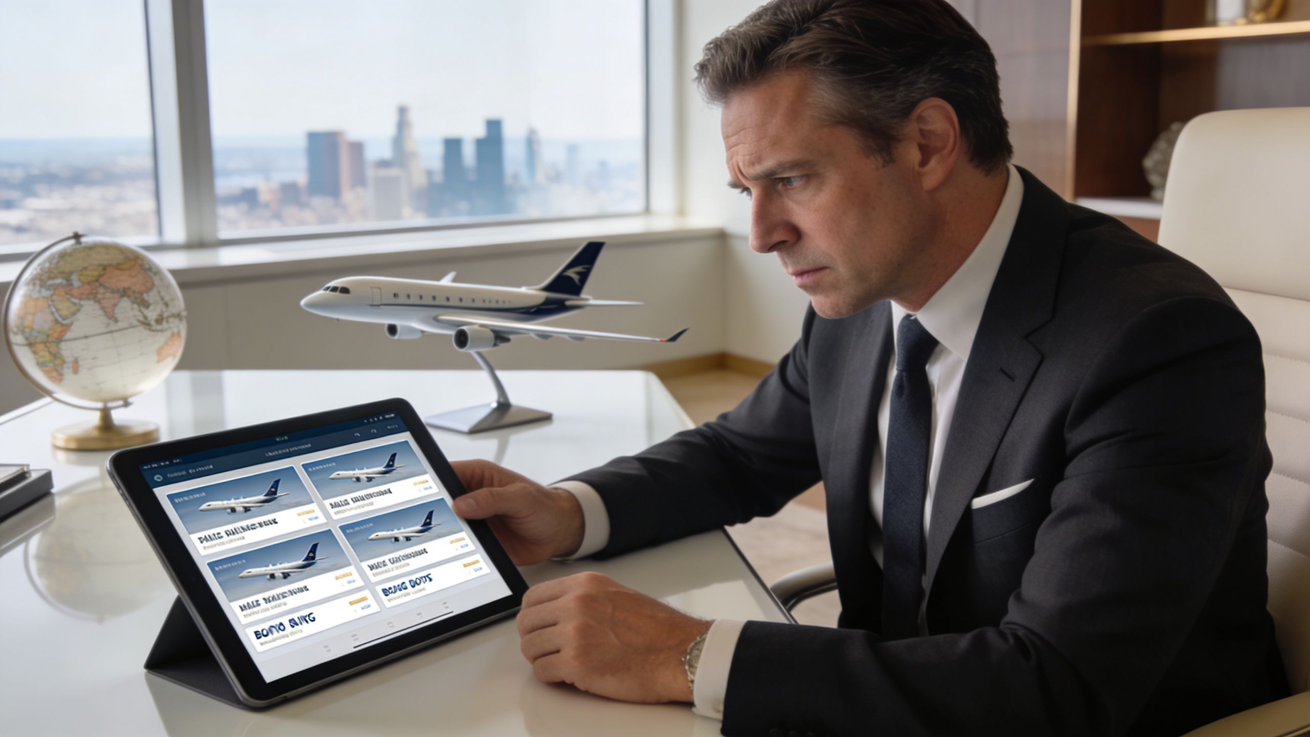 A professional man in a suit looking at a tablet displaying private jet charter options.