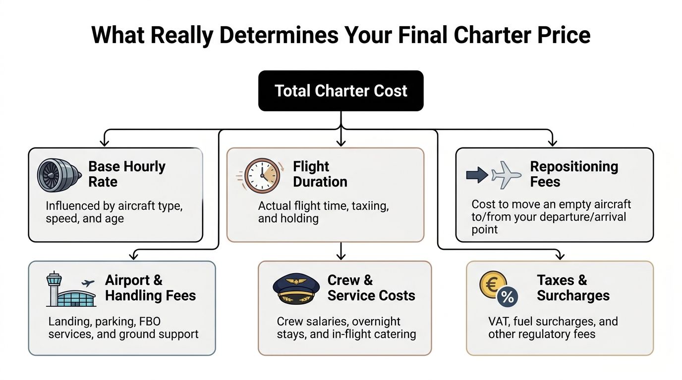 A diagram explaining the various cost factors that determine the final price of a private jet charter.
