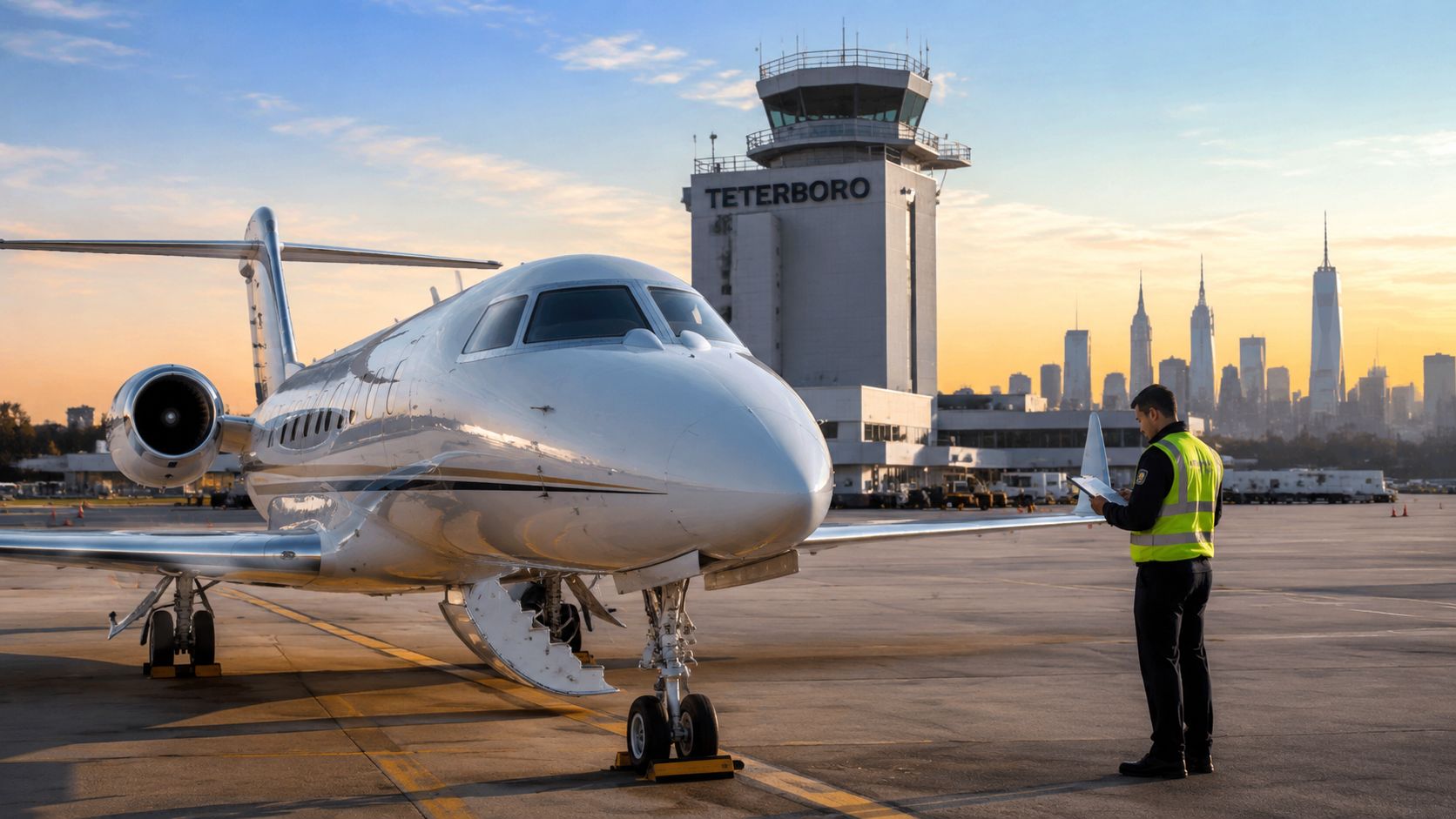 A ground crew member inspects a private jet at Teterboro Airport with the New York City skyline visible.