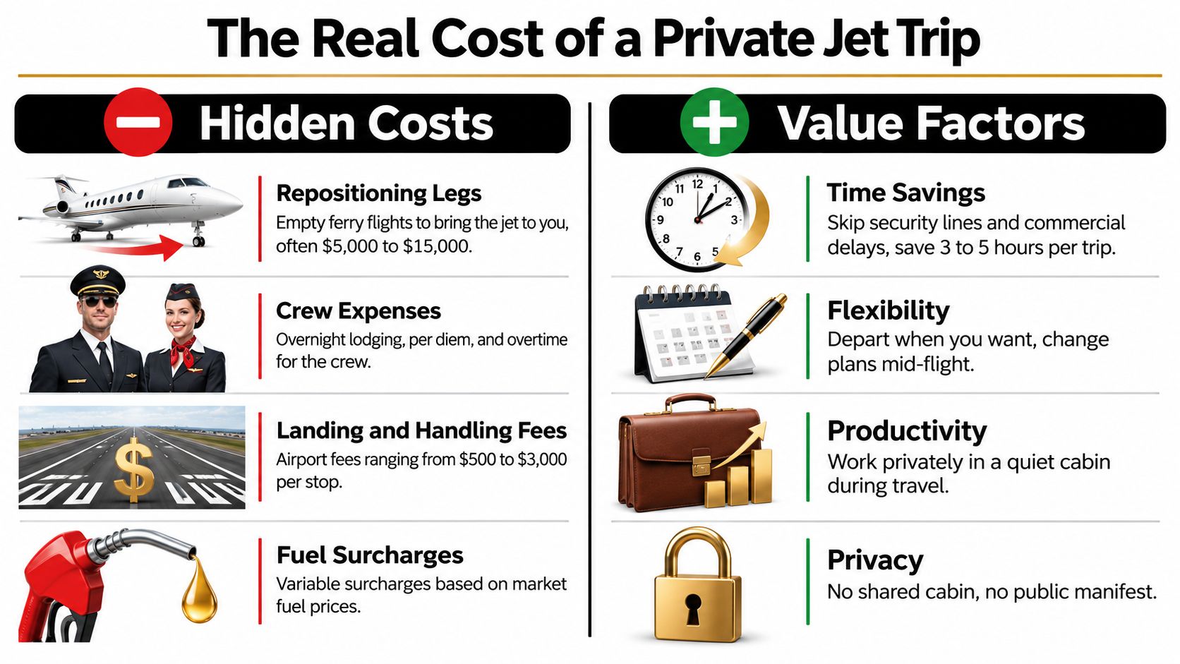 An infographic titled The Real Cost of a Private Jet Trip, comparing hidden costs and value factors.