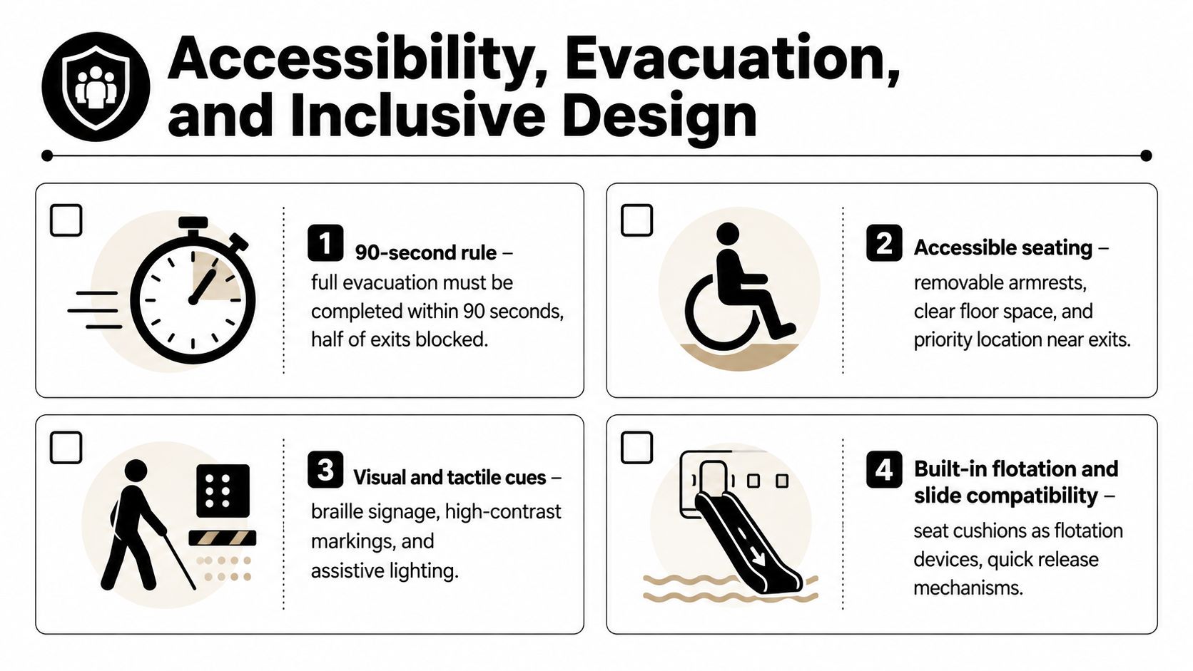 An infographic detailing aircraft accessibility and emergency evacuation design features including seating and exit requirements.