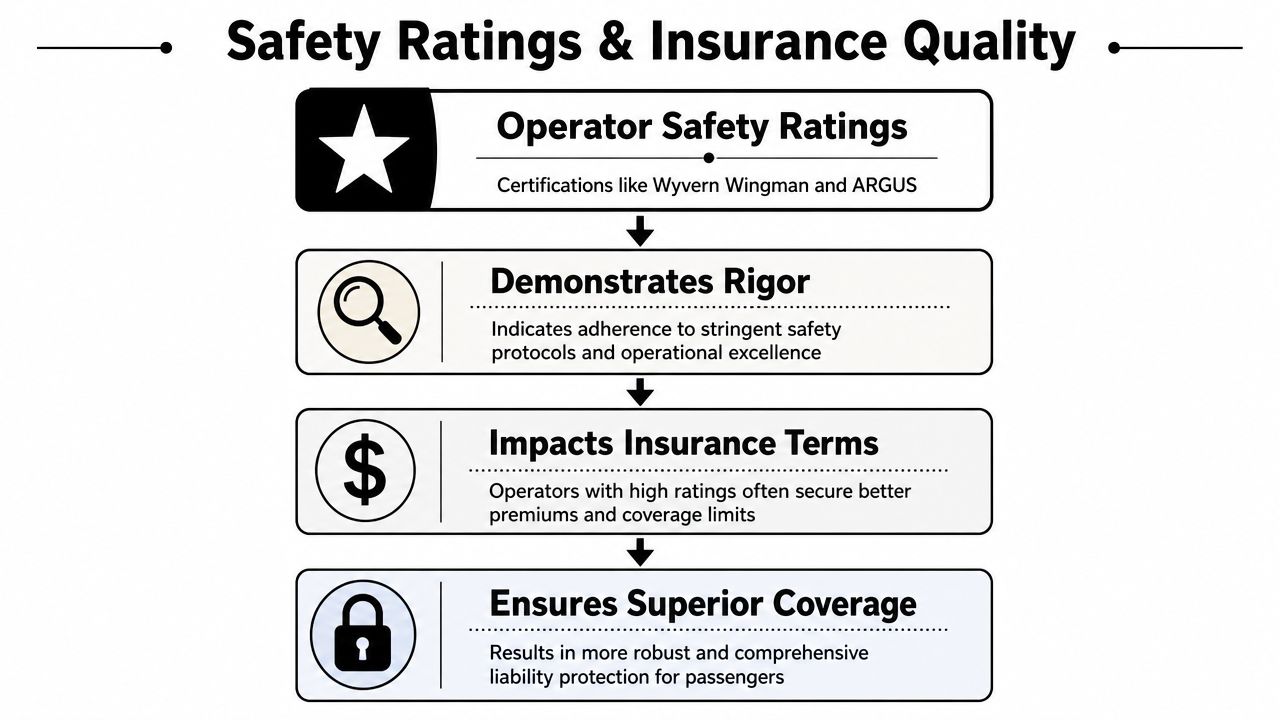 A flow chart illustrating how operator safety ratings influence insurance terms and passenger liability coverage.